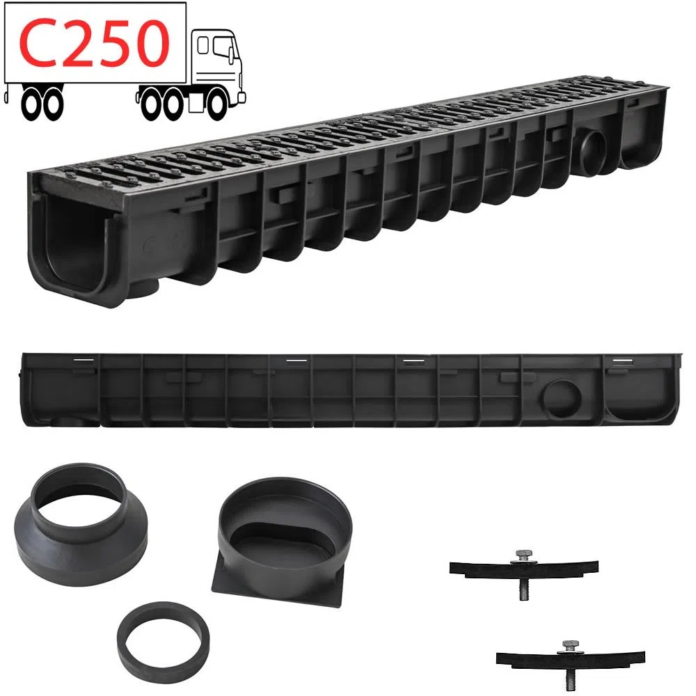 Melko Conduit de drainage Entwässerungskanal C250, 6 m, grille en fonte - adapté pour DN75 et incl. adaptateur pour DN110