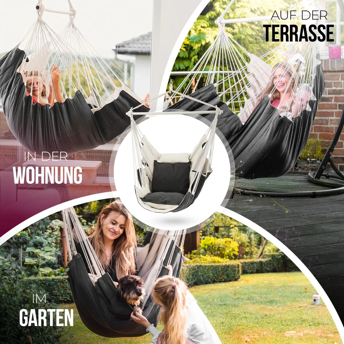 Heimling Fauteuil suspendu XXL haut de gamme pour intérieur et extérieur Paquet tout compris avec suspension + 3 coussins Salon, chambre à coucher