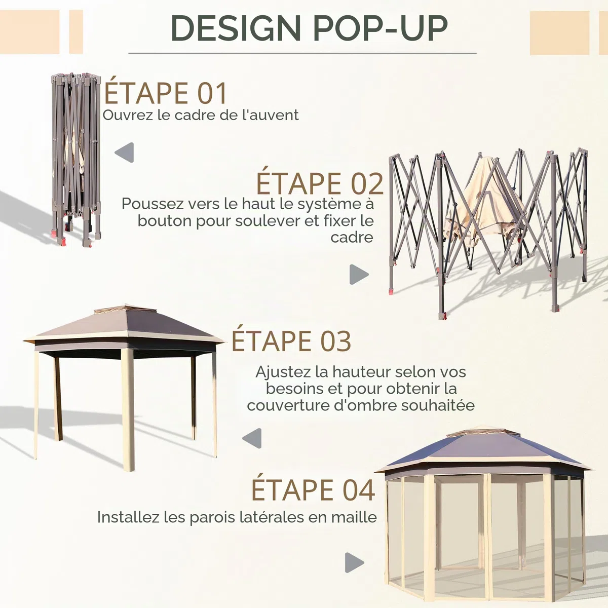 Outsunny Tonnelle Pliable 4x3,4x2,85 m Pavillon de Jardin Hexagonal avec Double Toit 6 Moustiquaires Démontables Sac de Transport Hauteur Ajustable sur 3 Niveaux et Anti-UV Gazebo pour Fête Patio