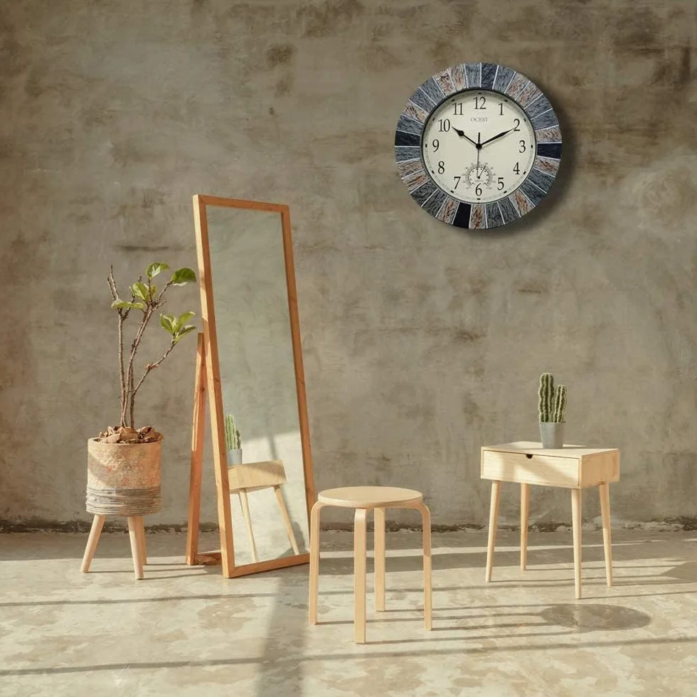 OCEST Horloges de jardin étanches de 33 cm, grande horloge murale rétro avec thermomètre, fonctionne à piles, horloges décoratives sans tic-tac, pour terrasse, piscine, cuisine