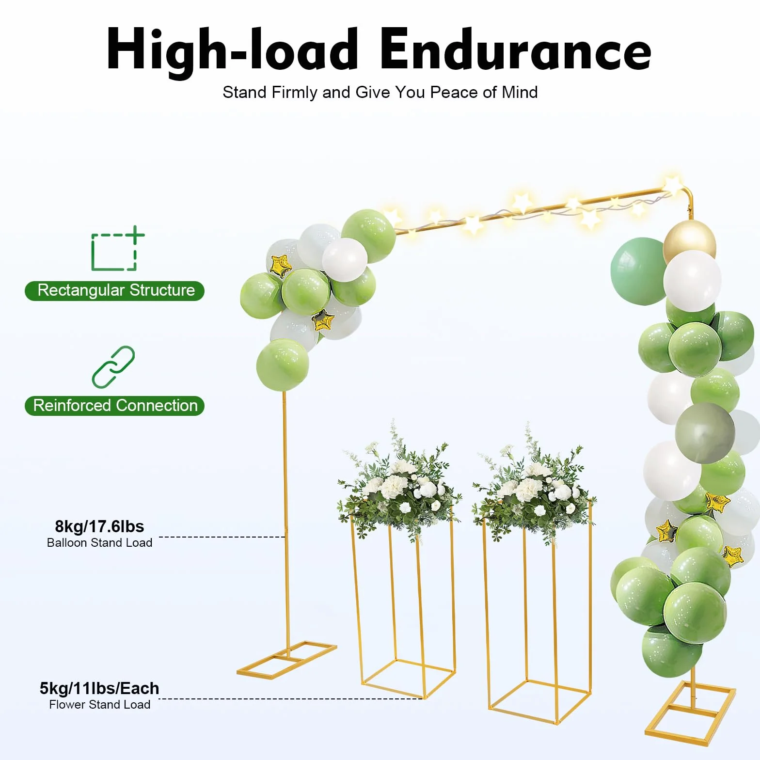 Arche de mariage en métal de 2 x 2 m - Avec 2 supports de fleurs de 80 cm de haut - Support pour ballons - Support de fond pour mariages, fêtes d'anniversaire, banquets - Doré