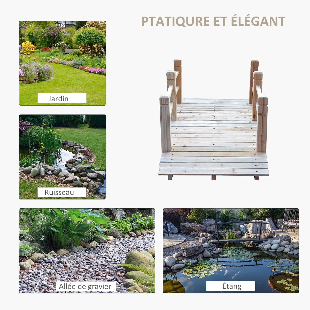 Outsunny Pont de Jardin - Pont de Bassin - passerelle en Bois avec Balustrade - Décoration du Jardin dim. 152,5L x 67l x 48H cm - Bois de Sapin