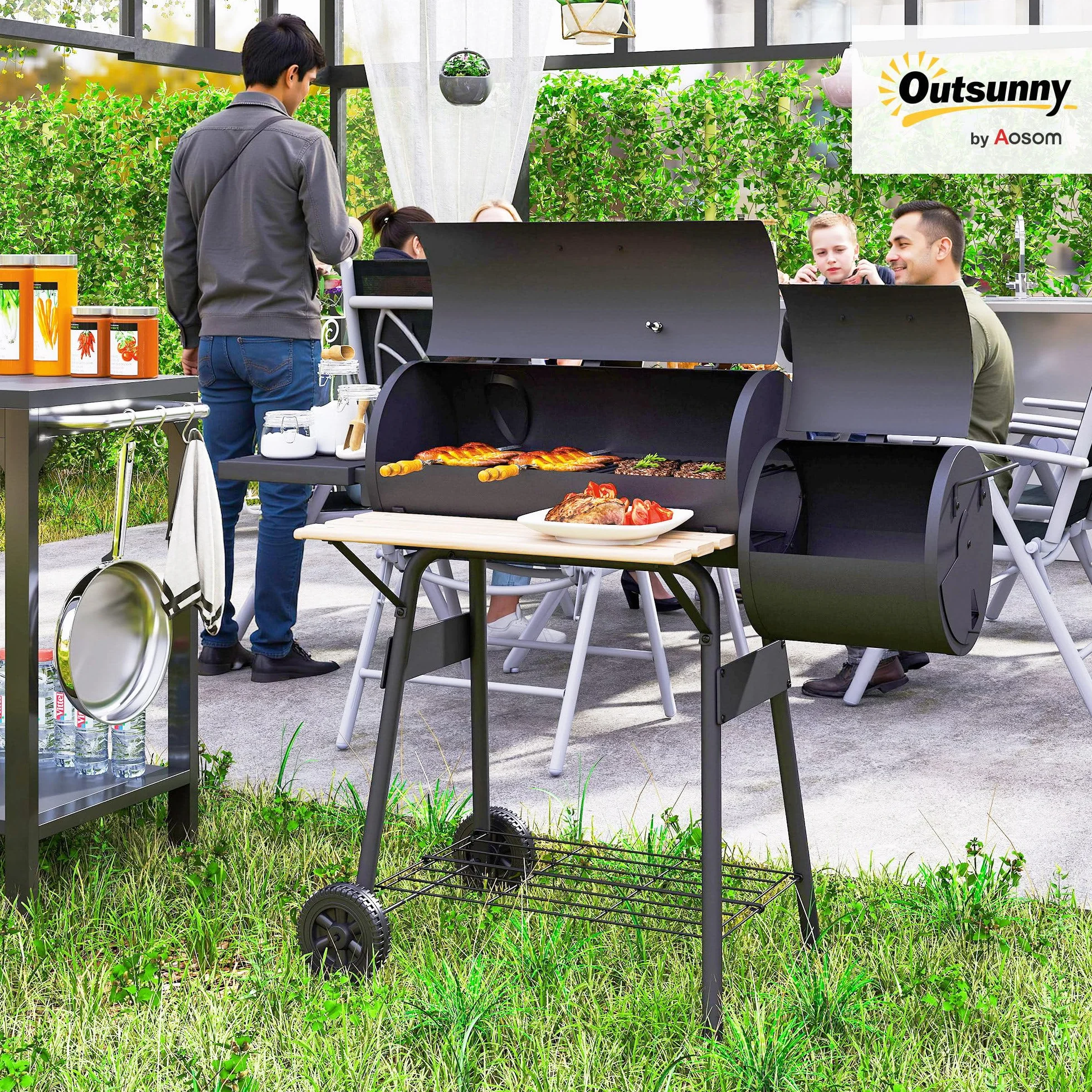 Outsunny Barbecue à charbon fumoir BBQ grill smoker sur pied avec couvercle, roulettes, thermomètre, étagères acier laminé à froid, noir