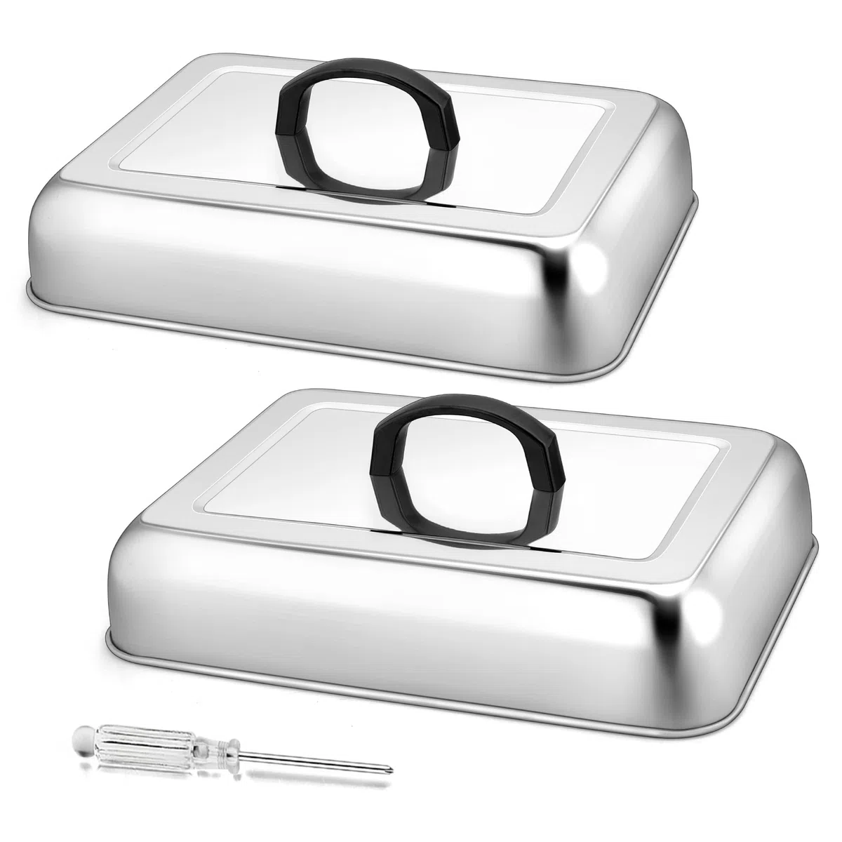 Herogo Lot de 2 bombes de cuisson rectangulaires en acier inoxydable avec poignée résistante à la chaleur, idéales pour barbecue, grill à dessus plat, passe au lave-vaisselle, Argenté.