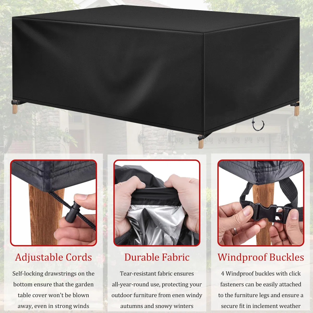 Housse de Protection Salon de Jardin 200x125x105 cm | Bâche pour Meubles et Table Extérieure Imperméable | Tissu Oxford 420D Robuste avec Cordon de Serrage, Noir