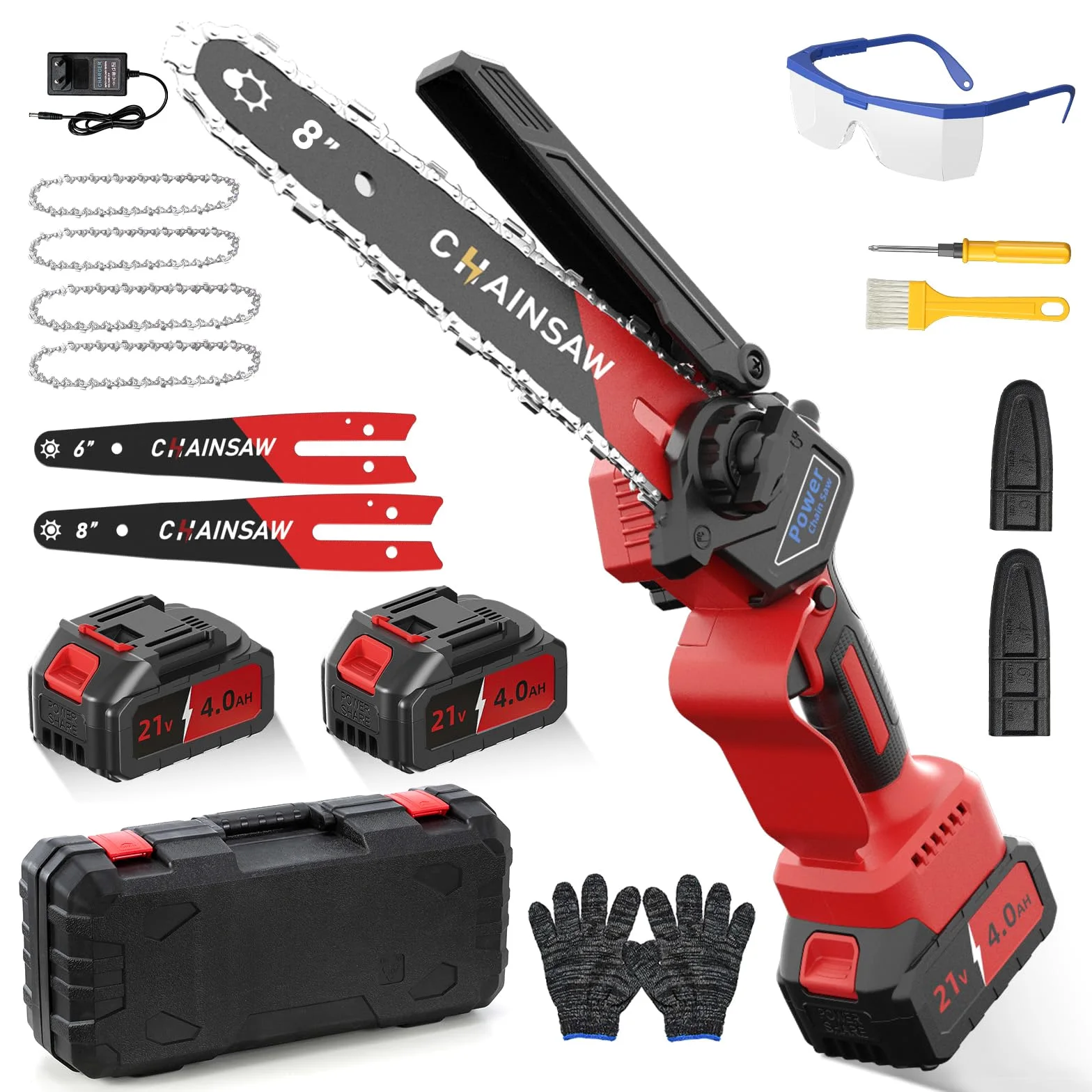 Mini Tronçonneuse à Batterie 6 et 8 Pouces, 1300W Brushless Tronconneuse Electrique Sans Fil pour Jardin, 8000mAh Tronçonneuse Elagueuse sur Batterie, D'huile Automatique, Compatible avec Makita 18V