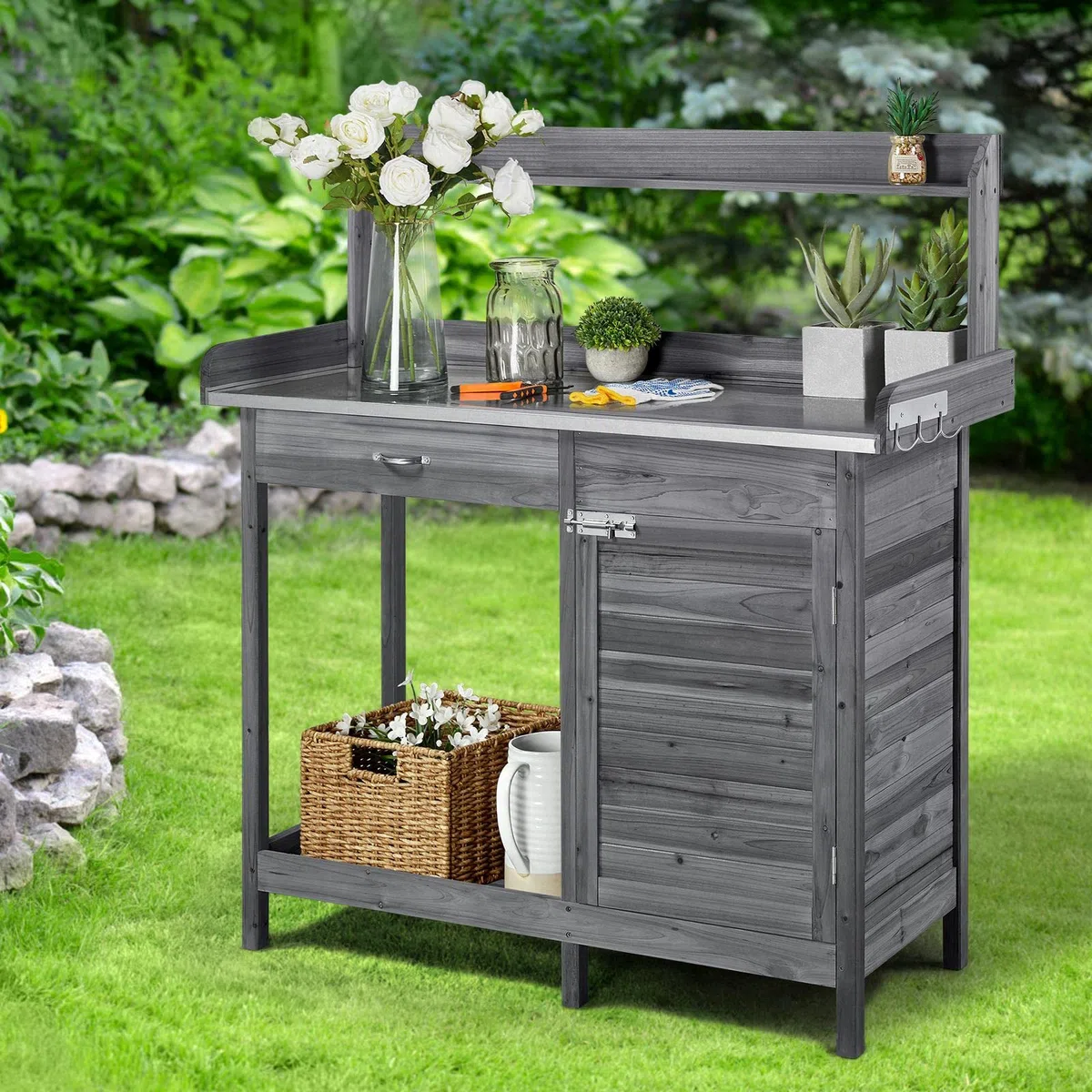 Abician Table de Rempotage Extérieure en Bois avec Tiroir Plan de Travail en Métal Étagère de Rangement Placard Inférieur 3 Crochets Latérales Table de Jardin pour Pots de Fleurs Gris