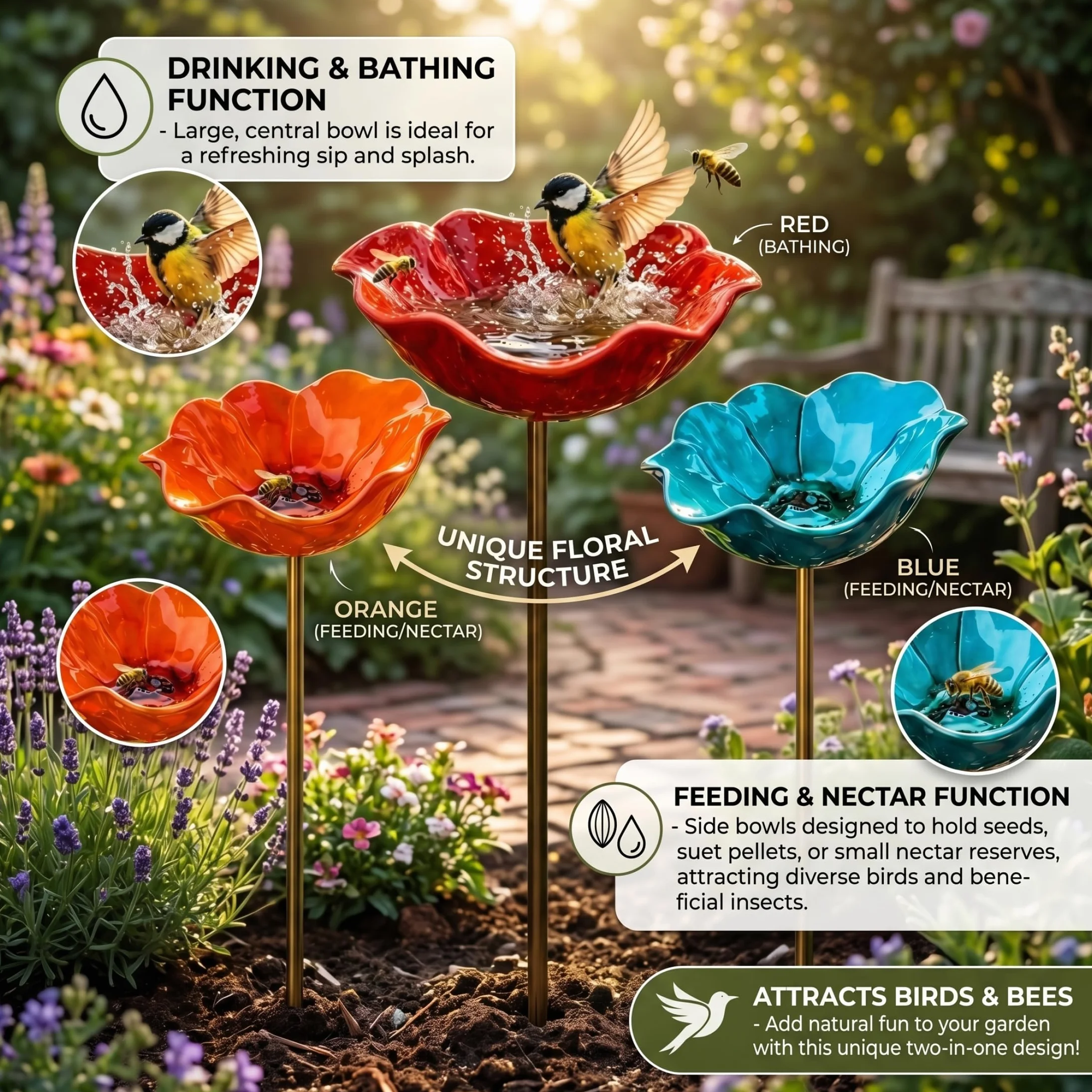 Lot de 3 piquets de Jardin en métal pour Fleurs, Bain d'oiseaux, Multifonctions Extérieur, Bleu, Orange, Rouge