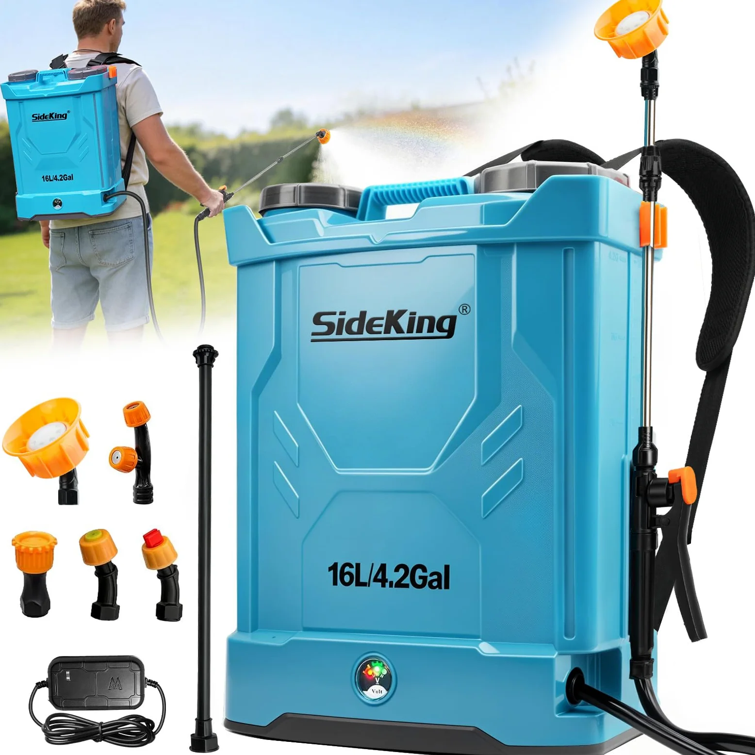 SideKing Pulvérisateur Électrique à Dos 16L, Pulvérisateur de Jardin Pression Réglable Jusqu’à 8,3 Bars, 2 Lances, Dossier Ergonomique, 5 Buses, Pulvérisateur Toiture Nettoyage Anti-Mousse & Façade