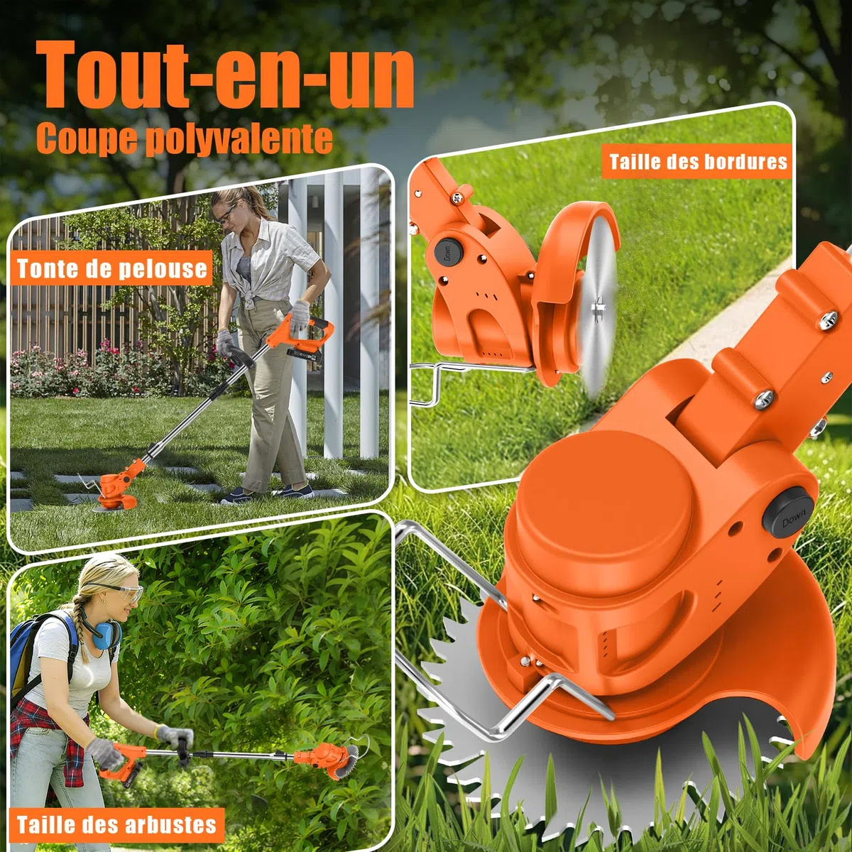 Coupe Bordure sans Fil avec Batterie Pliable 60cm, Debroussailleuse Electrique 2 Batterie 21V, Manche Télescopique 105-130cm et 26 Lames pour Entretien de Pelouse et Finitions de Jardin (Orange Foncé)