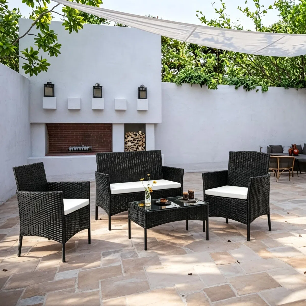 Salon de Jardin Exterieur en Résine ressée - 2 canapés Simples, 1 canapé Double et 1 Table Basse, Coussins Inclus, Salon de Jardin pour Amenagement Balcon Terrasse Veranda (Noir)