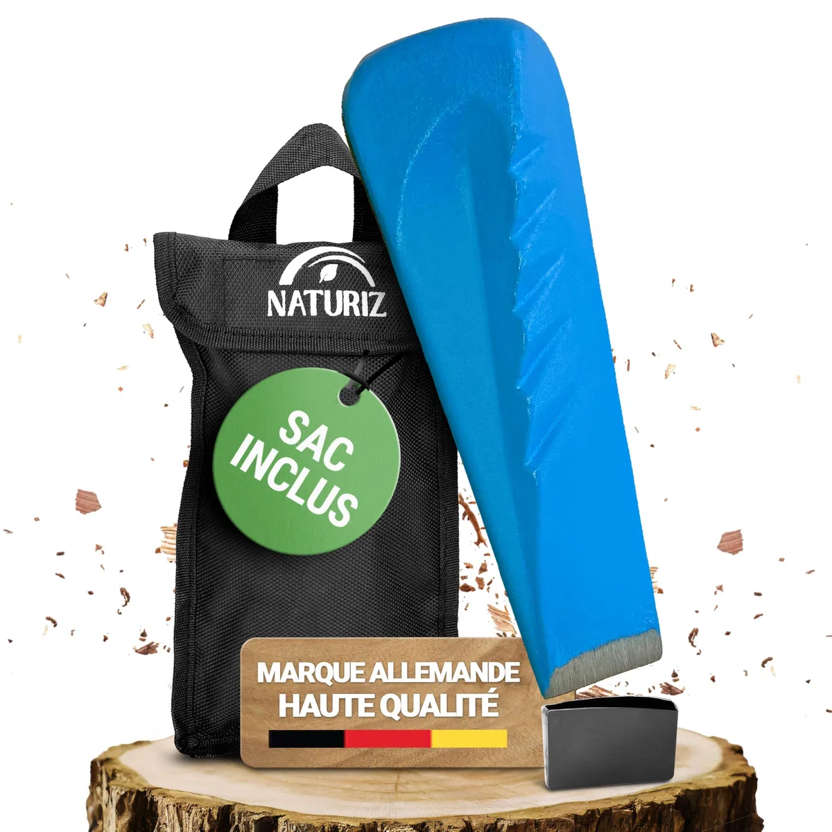 NATURIZ® Coin Fendeur pour Bois 2,3 kg – Coin de Fendage Torsadé Extra Tranchant, Bleu