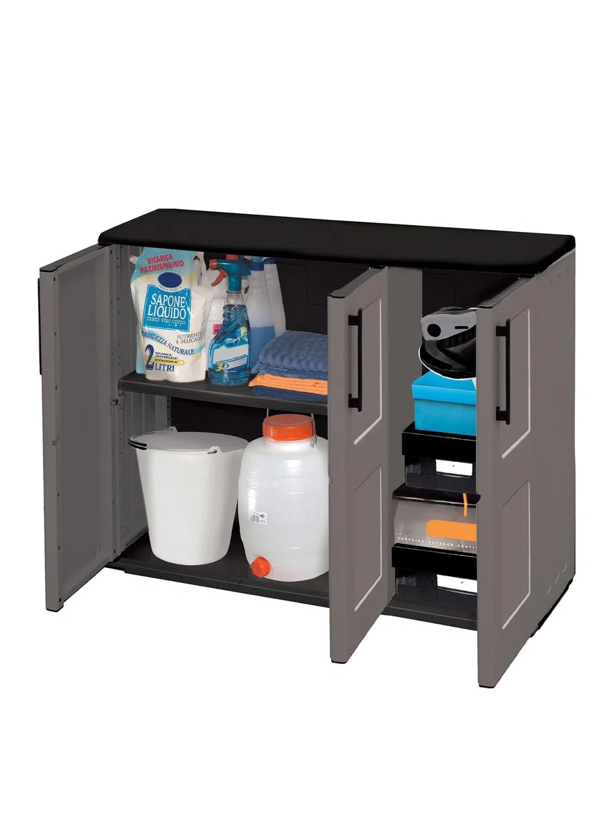 Dmora - Armoire d'extérieur Gesves, Armoire de balcon polyvalente, Armoire d'extérieur 3 portes, 100% Made in Italy, 102x37h84 cm, Gris et Noir, Finition à carreaux