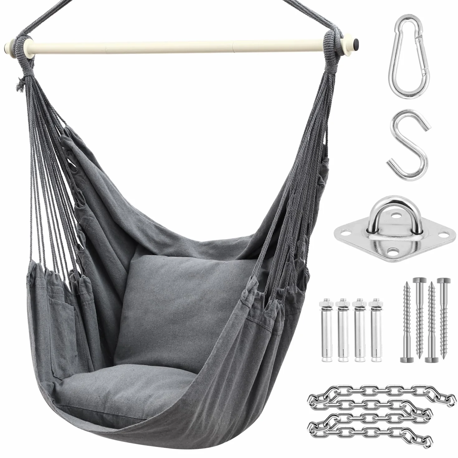 Ohuhu Fauteuil Suspendu Exterieur avec 2 Coussins, Chaise Suspendue Balançoire de Relaxation, Fauteuil Suspendu Interieur Adapté à Tout Décor, Chaise Suspendue Facile à Assembler, Gris