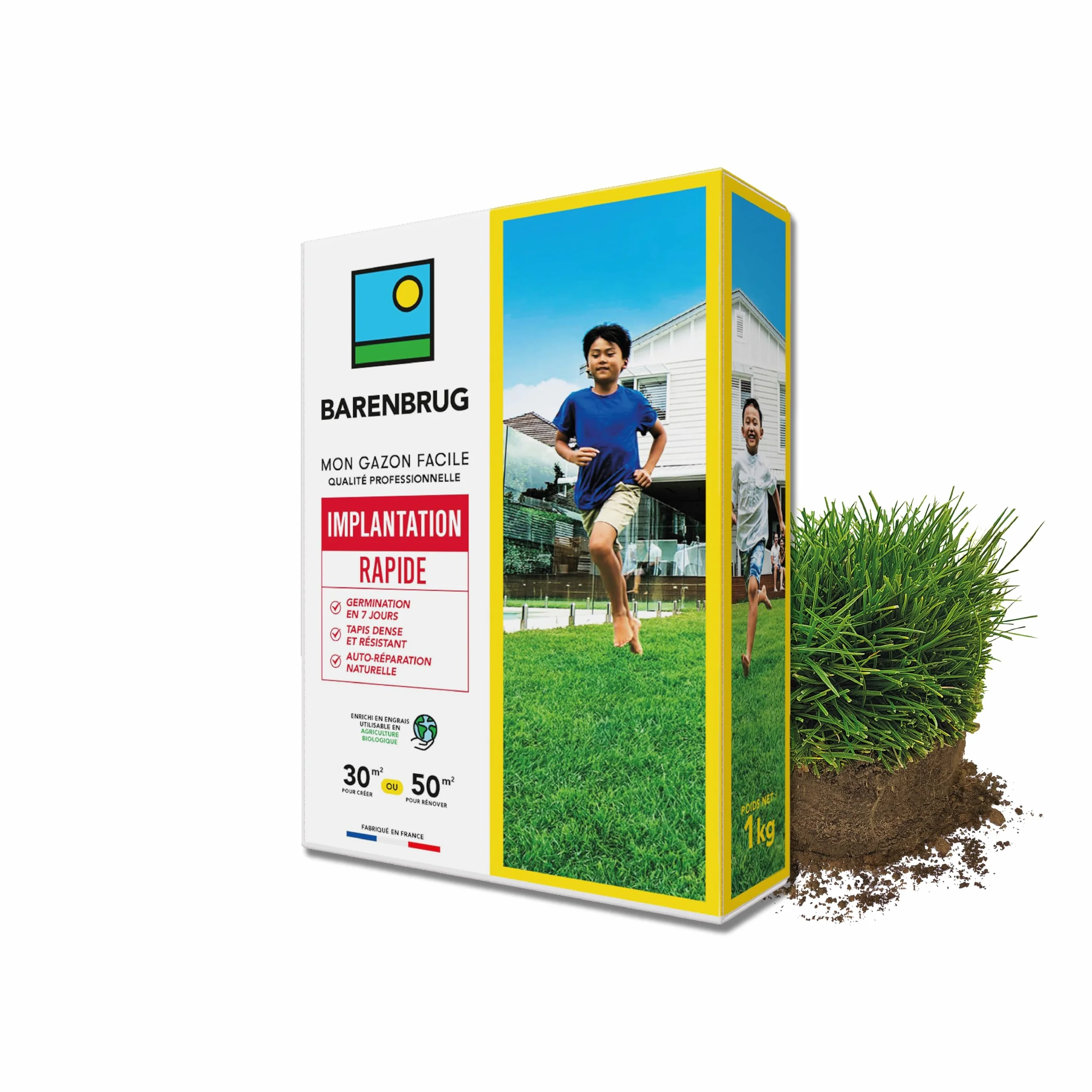 Barenbrug Gazon Implantation Rapide Germination 7 Jours Tapis Dense Résistant Autoréparation Naturelle Engrais Compatible Agriculture Biologique Fabriqué France 1KG