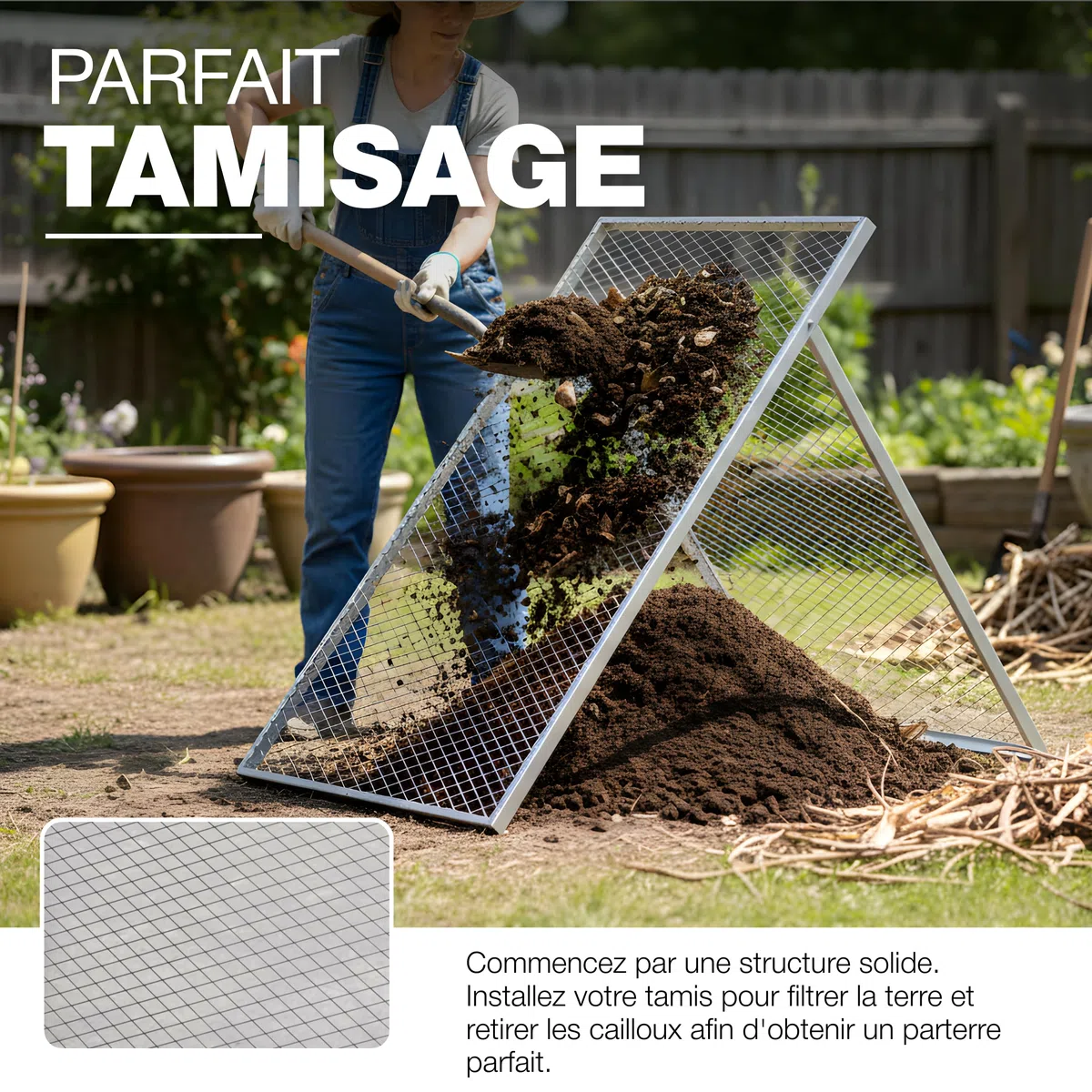 GeZu Impex Tamis de Terre 100 x 60 cm de Finesse, passoire pour Terre, Pierres, Compost