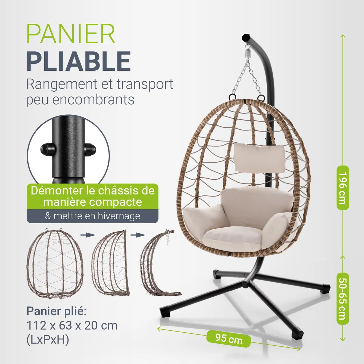Juskys Fauteuil Suspendu Aria avec Coussin - réglable en Hauteur et Pliable - Balancelle en rotin synthétique pour l'extérieur et l'intérieur - Siège en Osier Beige jusqu'à 130 kg