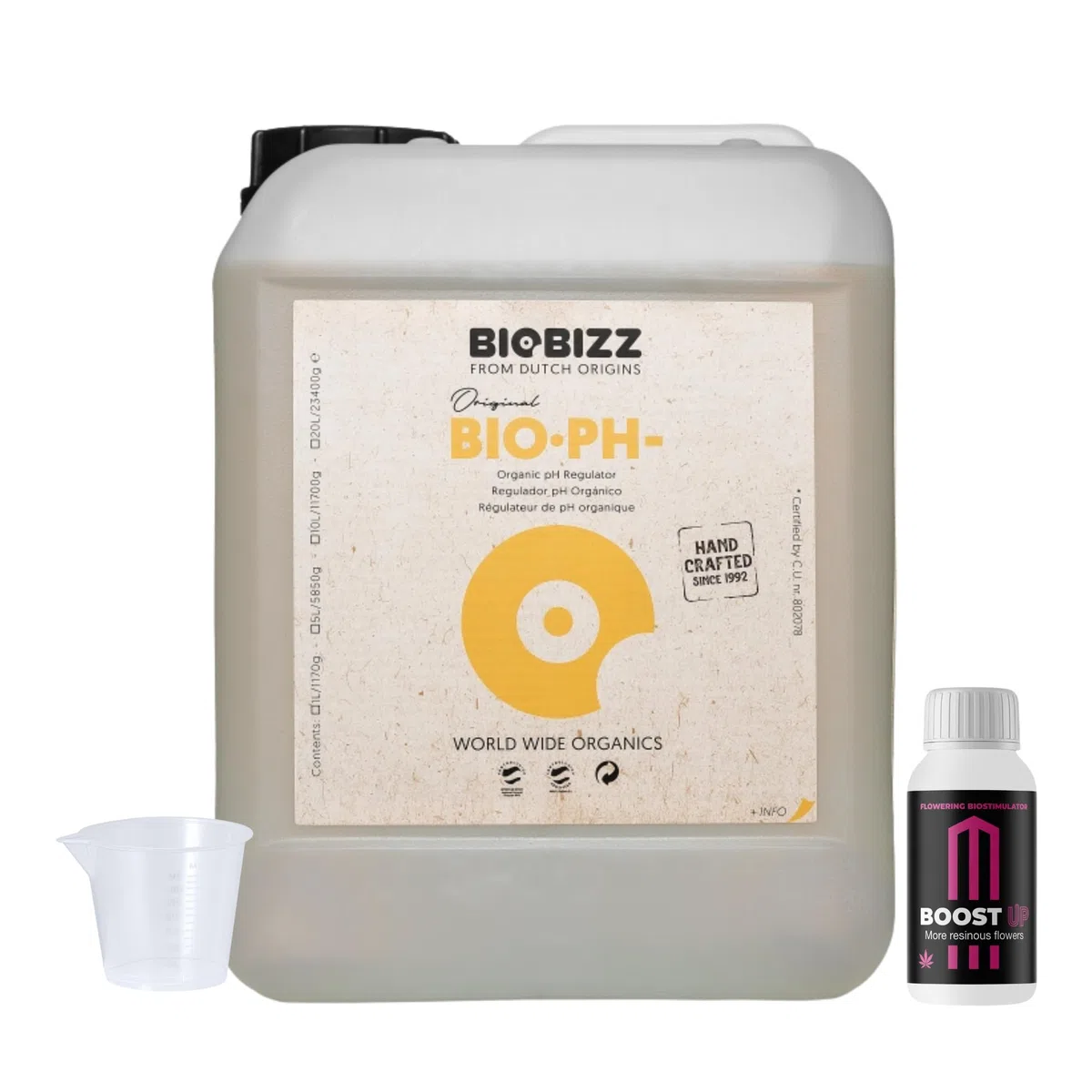 GROWMANIA Bio Down de BioBizz 5 l + échantillon Boost Up Nutrients + Verre doseur | Solution pH pour grands jardins | Assure une croissance optimale et la santé des plantes