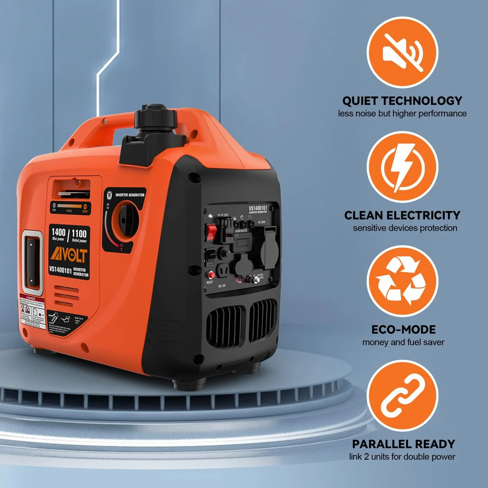 AIVOLT Groupe Électrogène d'essence 1400W Générateur d'onduleur Silencieux avec Prises AC 230V/DC 12V/USB Type-A et Réservoir de 2,5 L Générateur Léger Portable pour Camping Extérieur