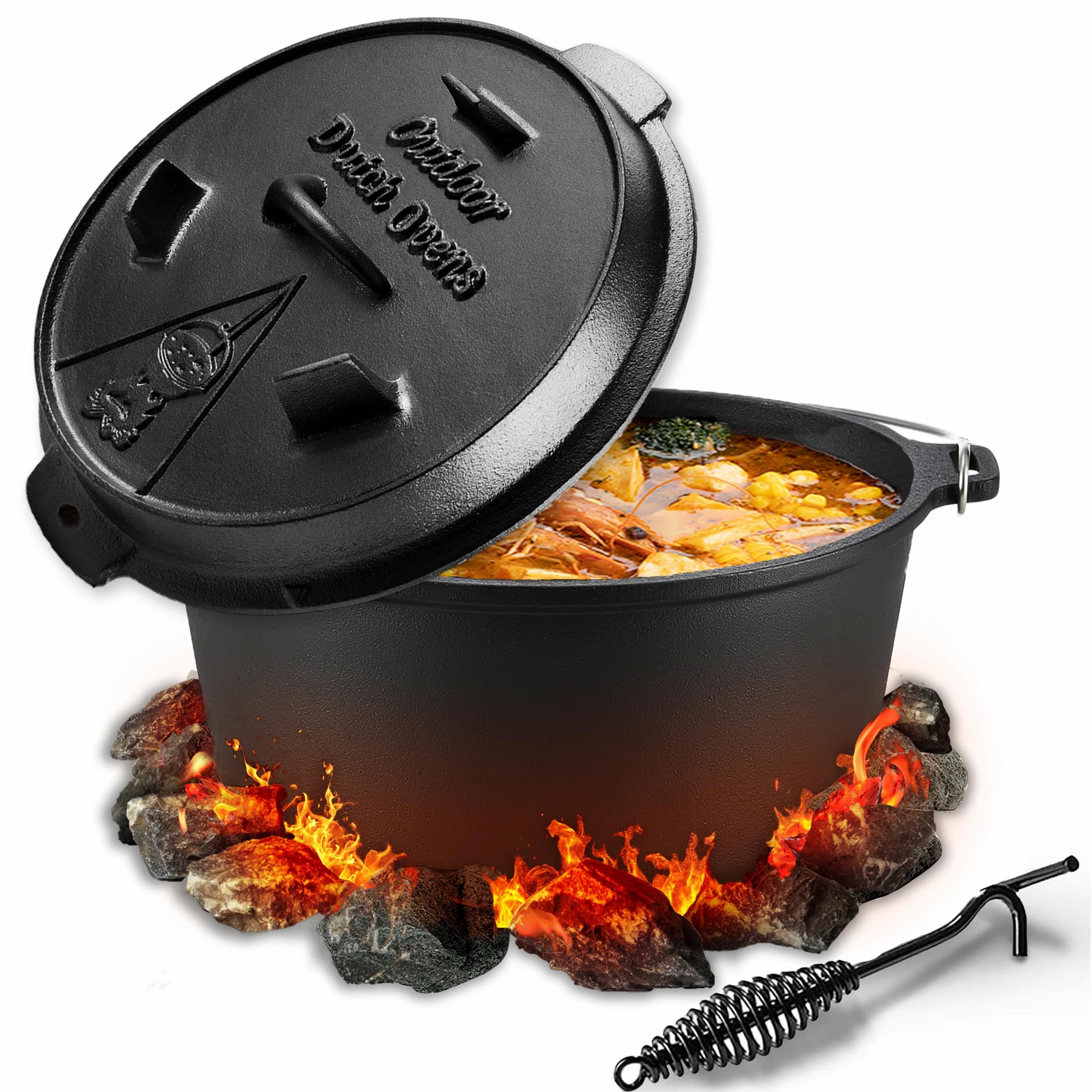 Faitout hollandais 9 litres, double fonction, fonte, pré-assaisonné, avec lifter, noir