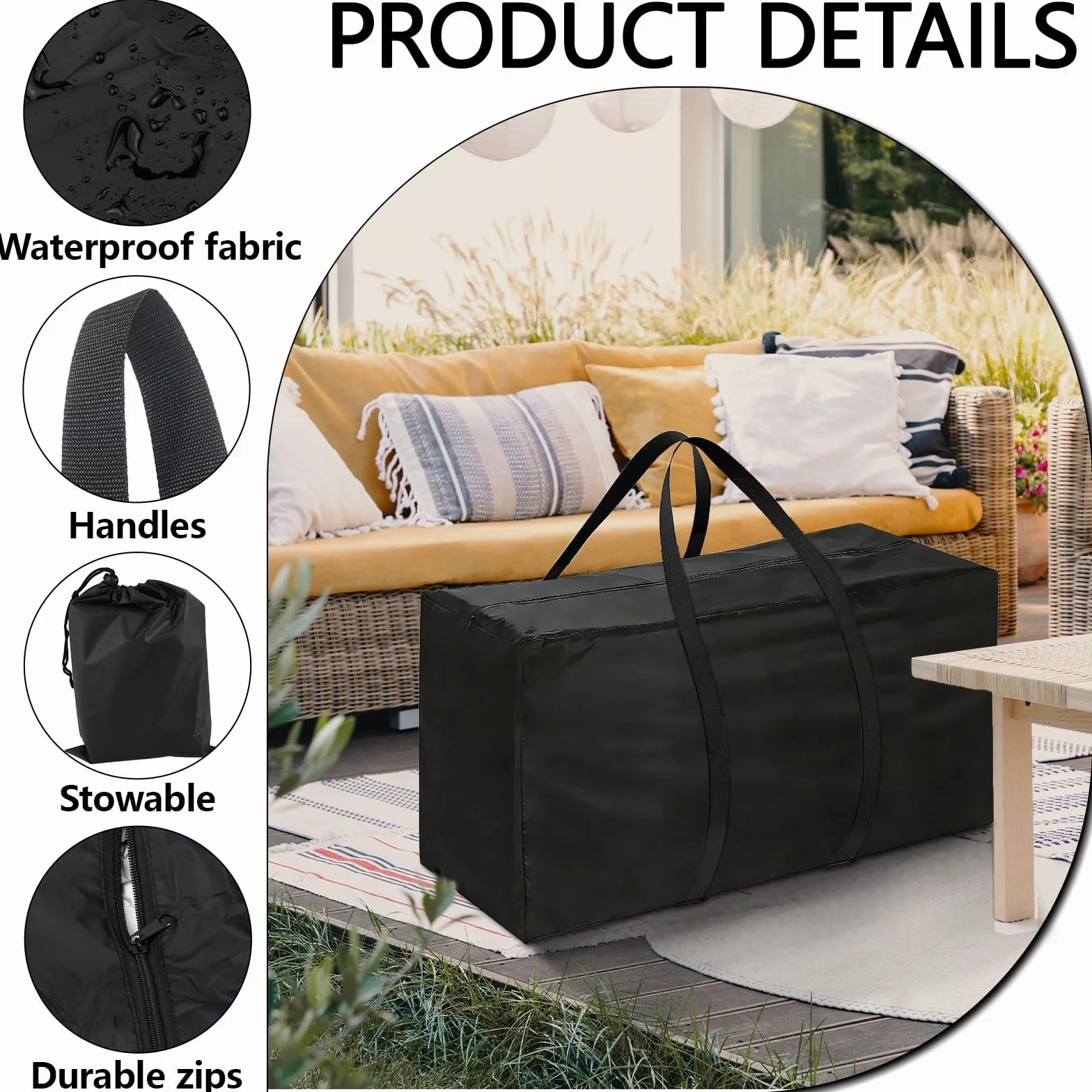 Sac de Rangement pour Coussin de Jardin Grand Format Tissu Oxford Noir avec Poignées Renforcées