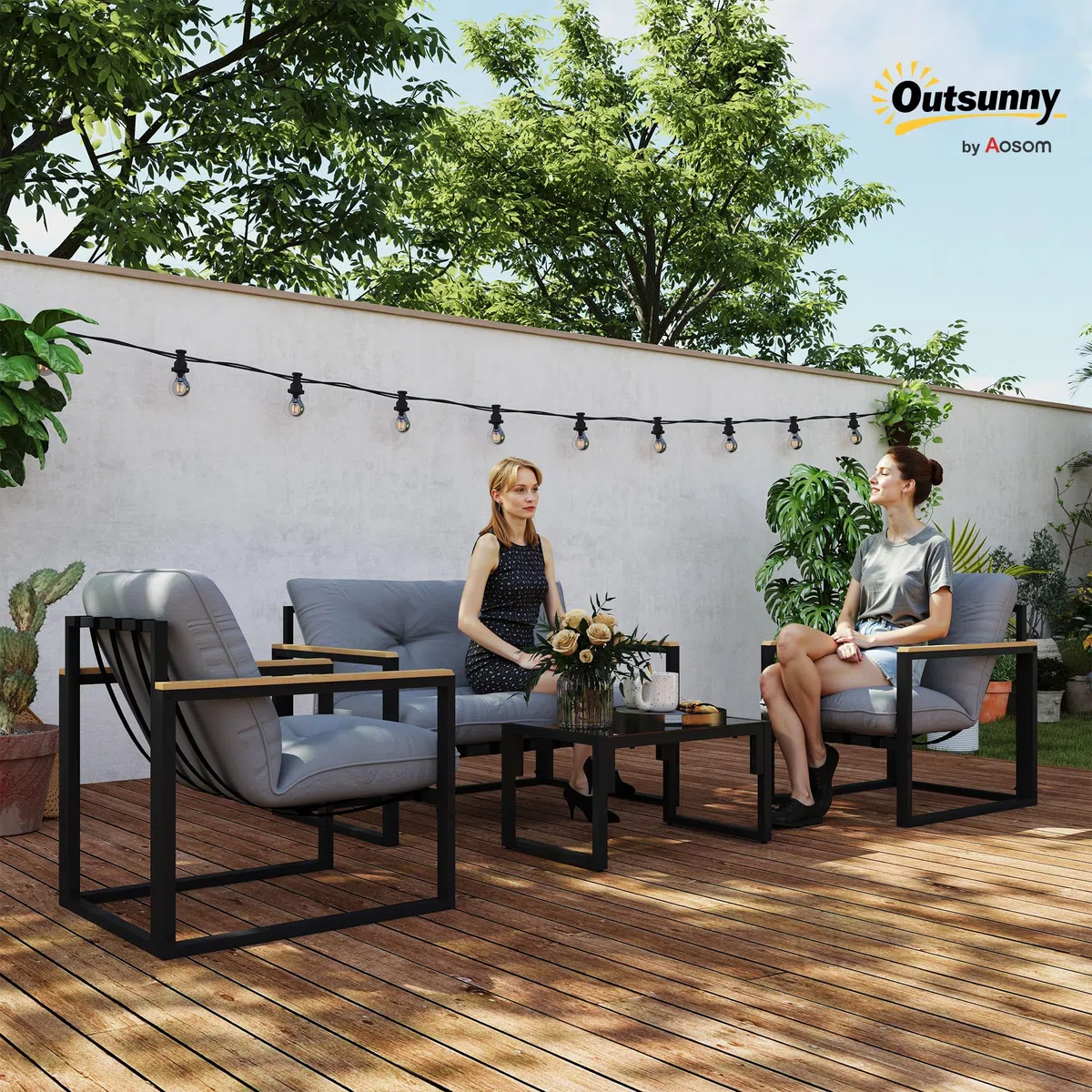 Outsunny Salon de Jardin extérieur 4 Personnes, 4 pièces avec canapé, 2 fauteuils et Table Basse en Verre trempé, Coussins Inclus, mobilier de Jardin Patio Balcon terrasse, Gris