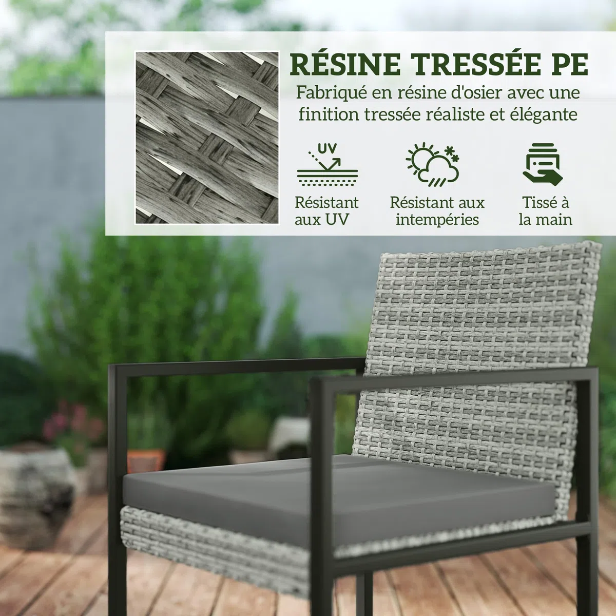 Outsunny Salon de Jardin extérieur en résine tressée 8 Places, Table et chaises de Jardin extérieur, 4 fauteuils, 4 tabourets, Coussins, Plateau en Verre trempé, pour terrasse, Balcon, Patio, Gris