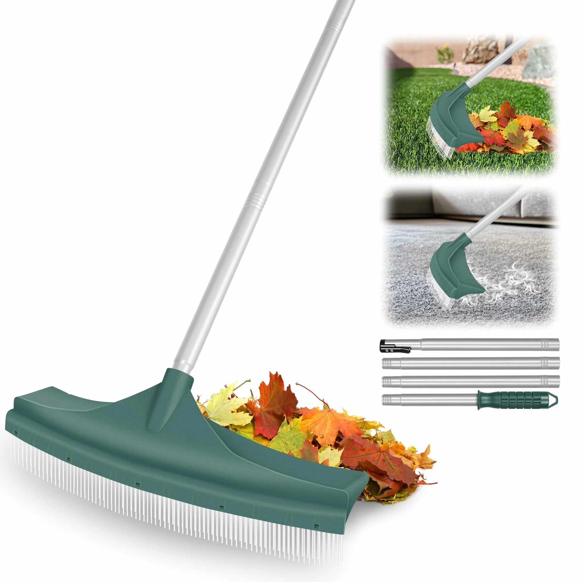 ORIENTOOLS Brosse à gazon artificiel, râteau incurvé pour gazon artificiel avec poignée en acier réglable de 80 à 134 cm, faux râteau avec brosse PA pour pelouses et ramasser les feuilles