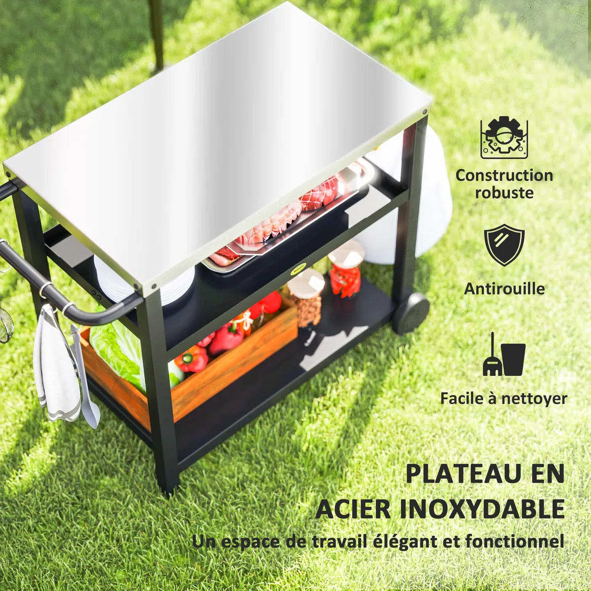 Outsunny Desserte plancha extérieure avec plan de travail en acier inoxydable, chariot de barbecue avec étagères, desserte de jardin avec crochets, porte-serviettes, 2 roues, 102x50x81cm, gris charbon