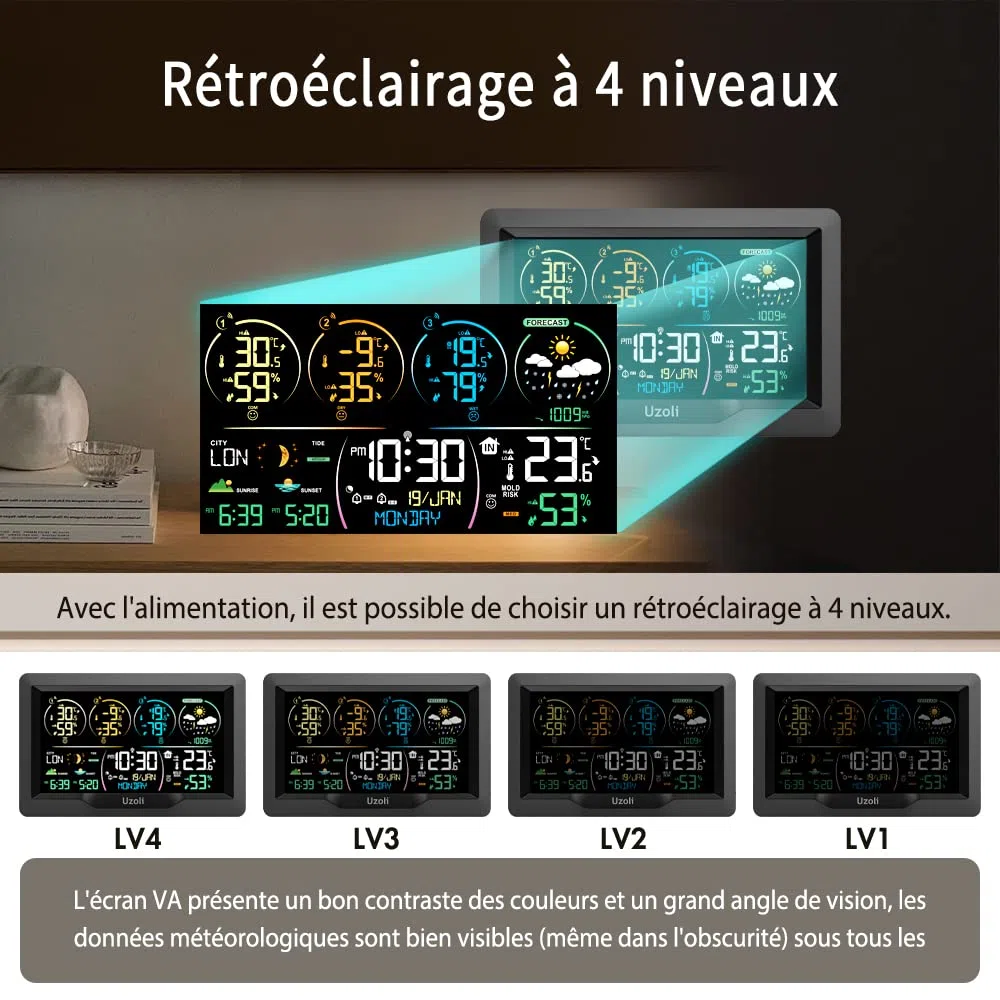 Uzoli EM3390 Station météo sans fil avec 3 capteurs, Horloge DCF | Thermomètre-hygromètre, Écran couleur, Prévision météo, Pression, Lever du soleil, Phase lunaire, Alerte risque de moisissure