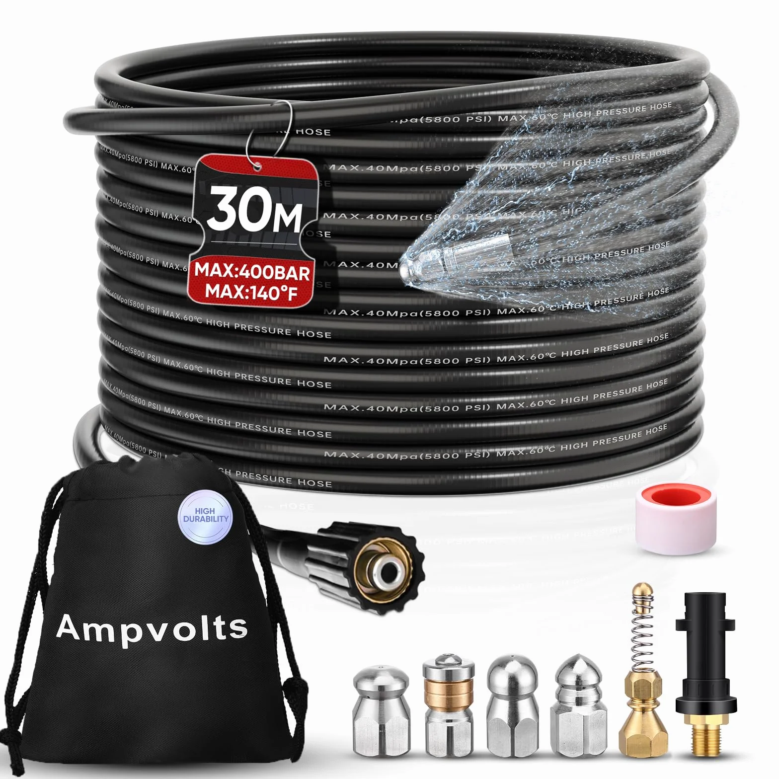 Déboucheur Canalisation Haute Pression 30M 5800 PSI 400 Bar 5 Buses Adaptateur Karcher K2-K7