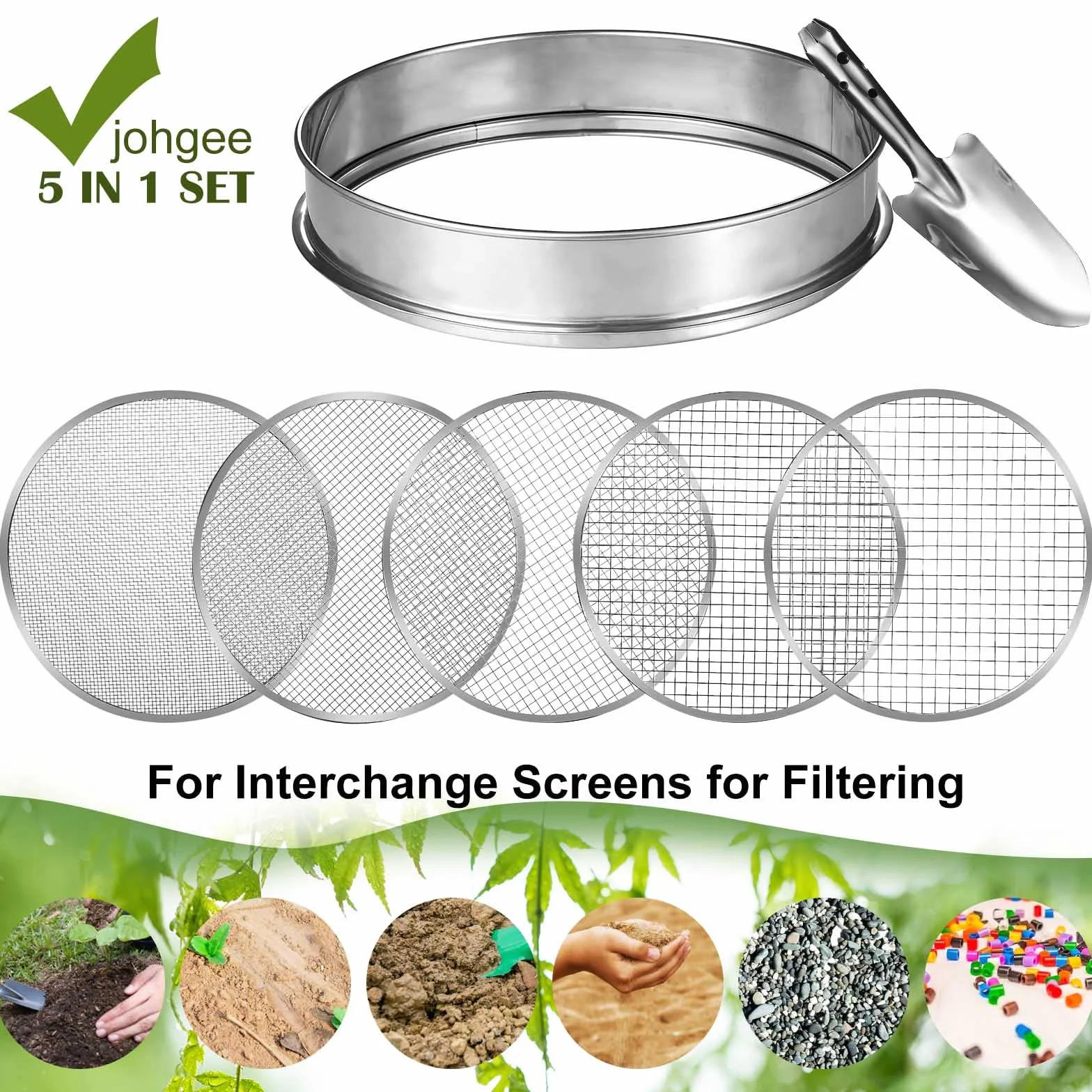 johgee Tamis de Jardin 5en1, Tamis de Sol, Ø 12mm/10mm/9mm/6mm/3mm, Outil de Jardinage Inoxydable avec Pelle