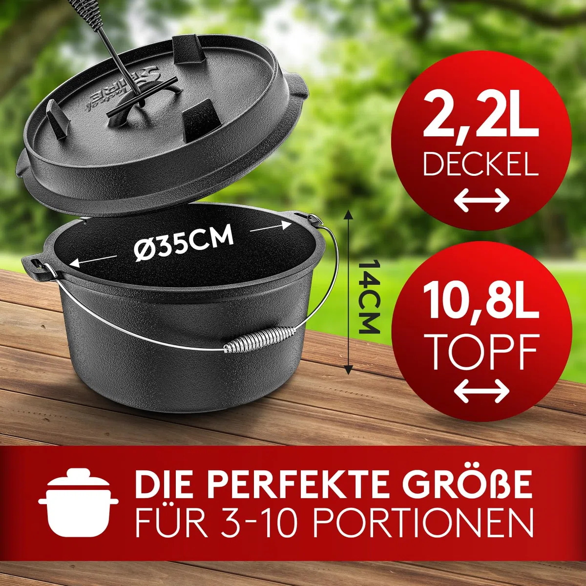 L'Original BBQ Dutch Oven 10,8 L Set avec Support et Couvercle 2,2 L Double Fonction Poêle à Griller
