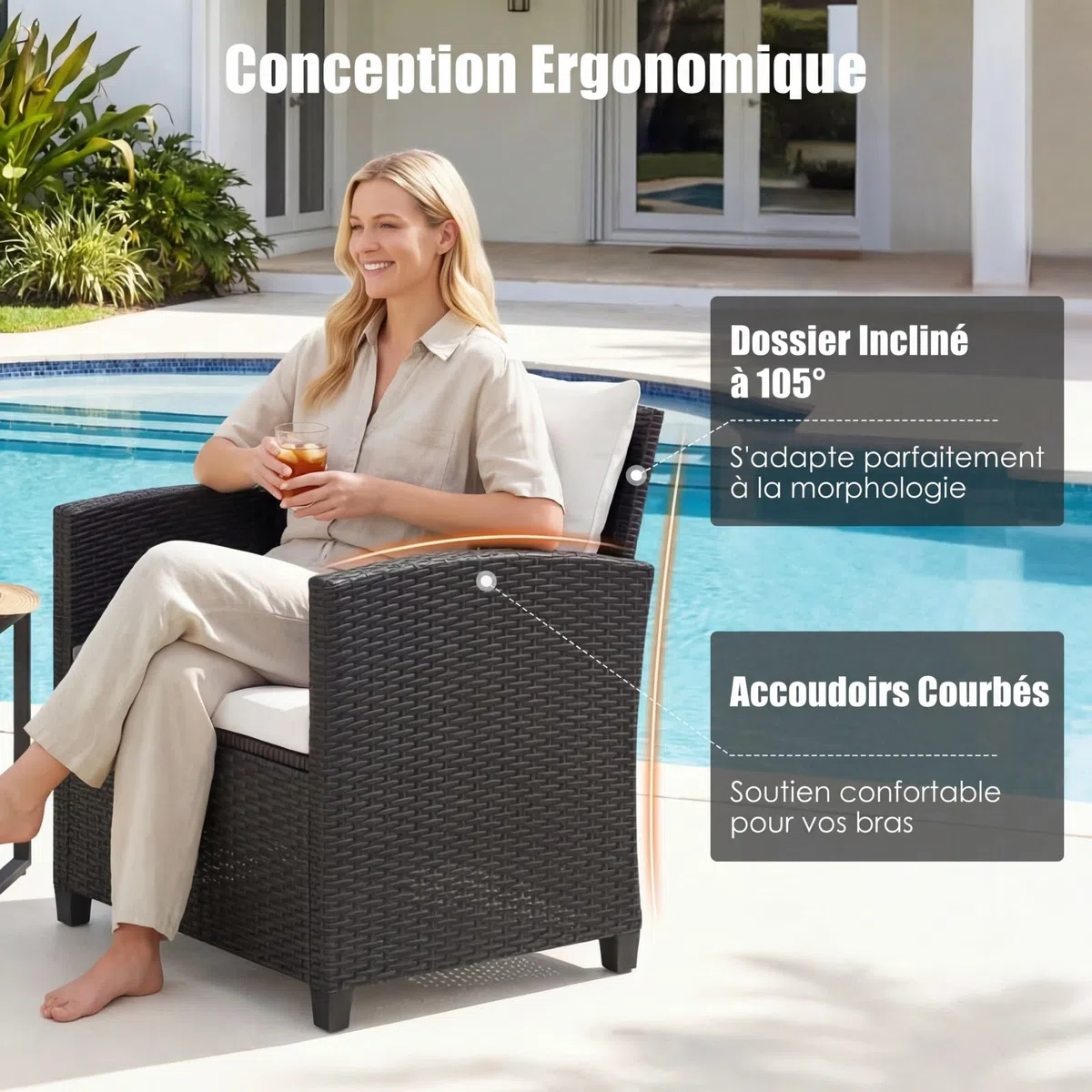 COSTWAY Ensemble Salon de Jardin 2 Personnes en Rotin PE, Mobilier d'Extérieur avec 2 Fauteuils Table Basse Plateau en Verre Trempé Coussins Amovibles, pour Terrasse Jardin (Noir+Beige)