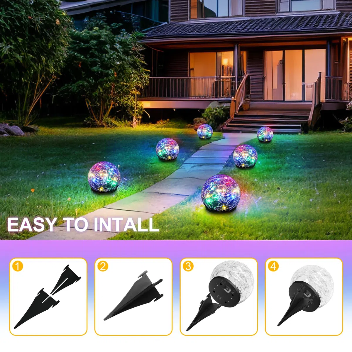 Anordsem Boule Solaire Exterieur Jardin, Solaires Jardin à Verre Façon Craquelé Boules Lumineuses avec 30 LED Changements de Couleur Boule Jardin IP65 étanche, pour pelouse Terrasse Balcon décoration