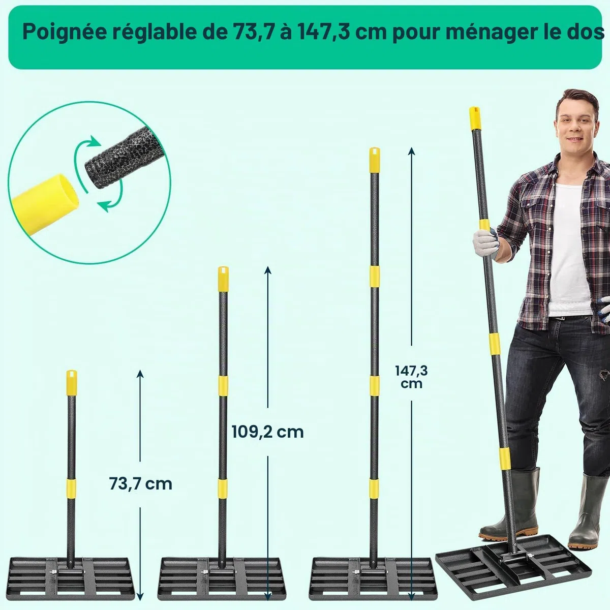 Râteau de nivellement de pelouse en métal - 182 cm - pour Le Golf, Le Jardin, la Surface - en Acier Inoxydable - 43 x 25 cm (182cm)
