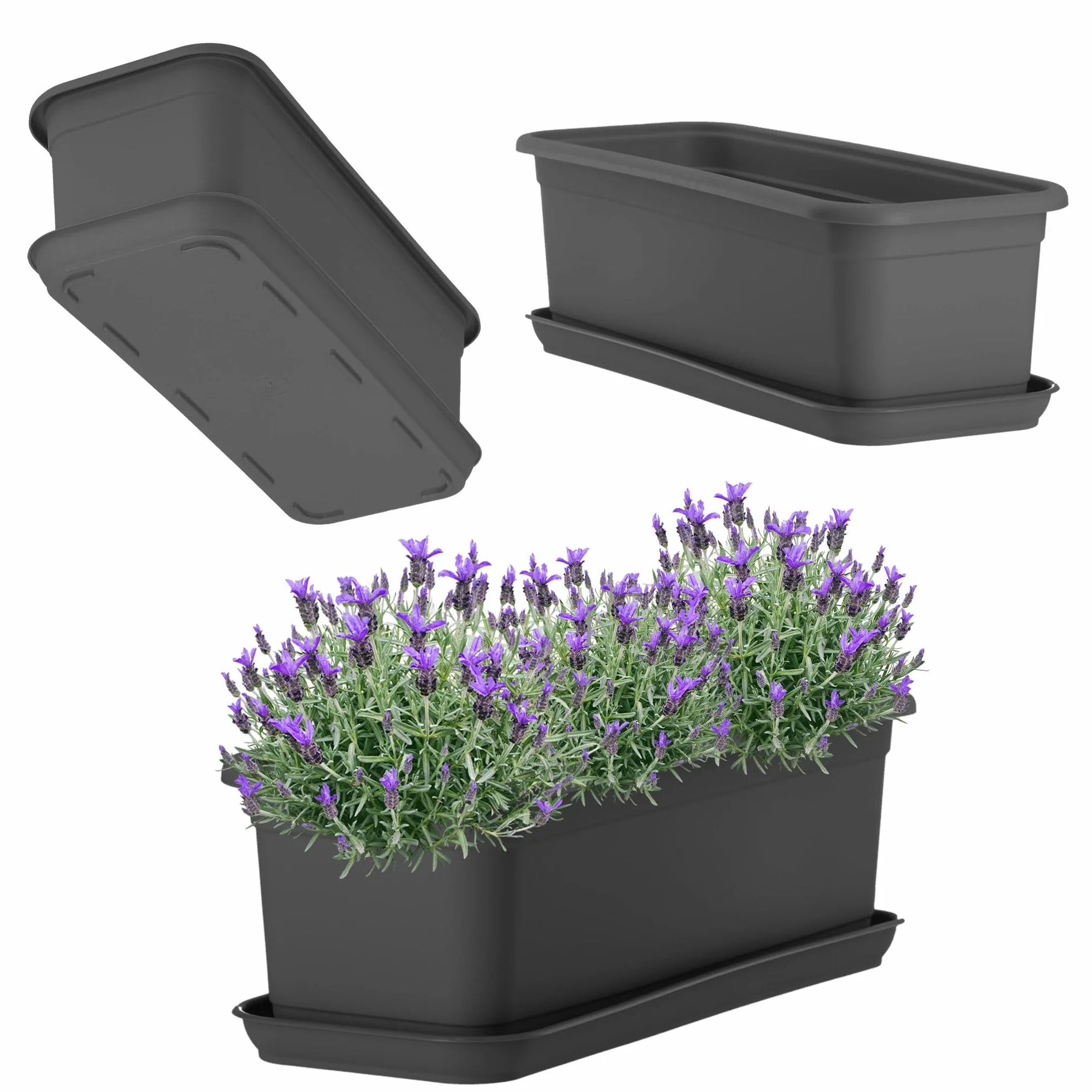 KADAX Jardinière de balcon 40 cm Anthracite avec soucoupe - Pot de fleurs plastique intérieur extérieur