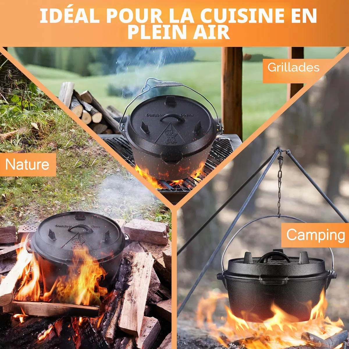 Faitout hollandais 9 litres, double fonction, fonte, pré-assaisonné, avec lifter, noir