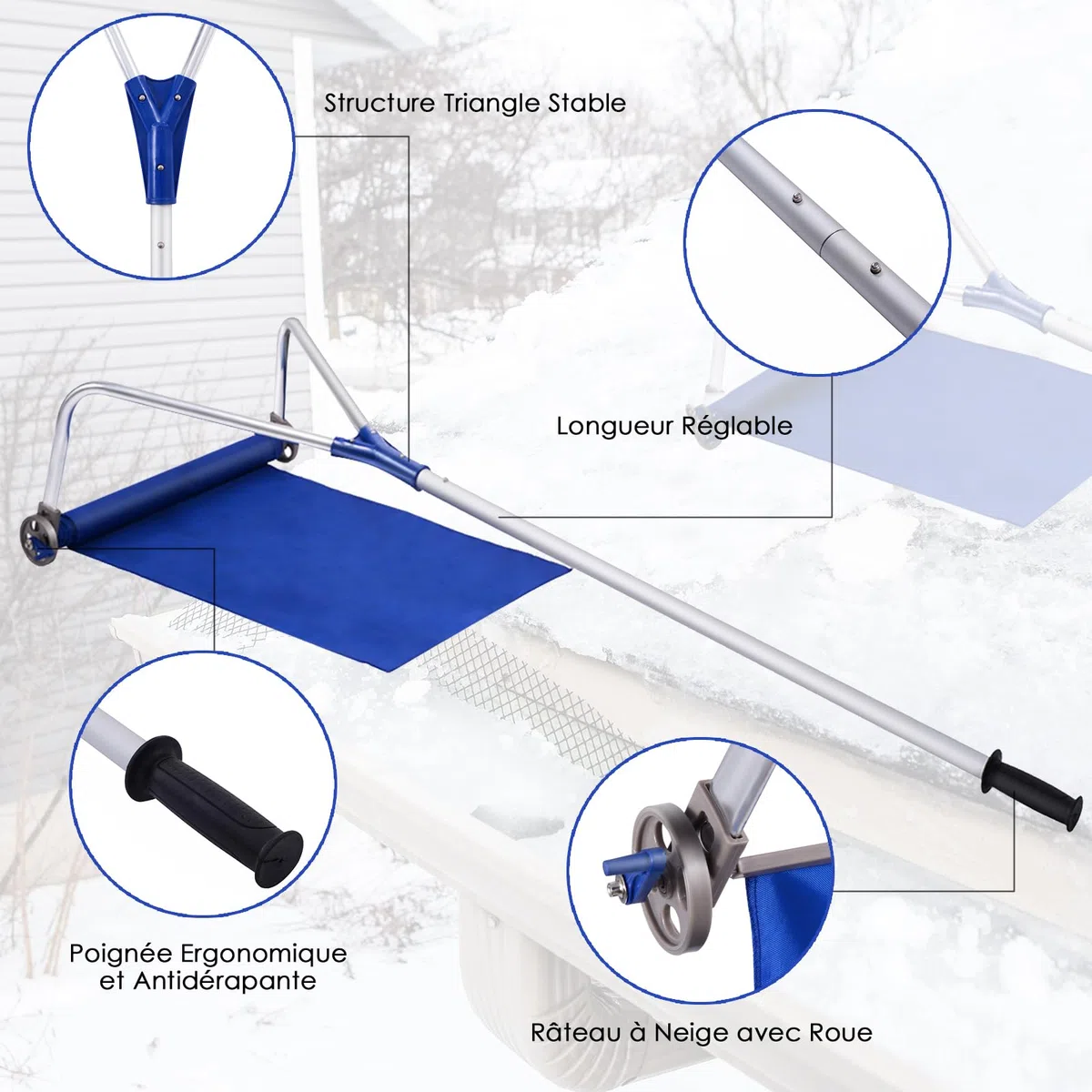 COSTWAY Râteau à Neige Télescopique pour Toit 180-661 cm, Déneigement de Toit en Aluminium avec 2 Roues Coupe Large et Poignée Antidérapants Réglable, pour Toit Véhicules Abri