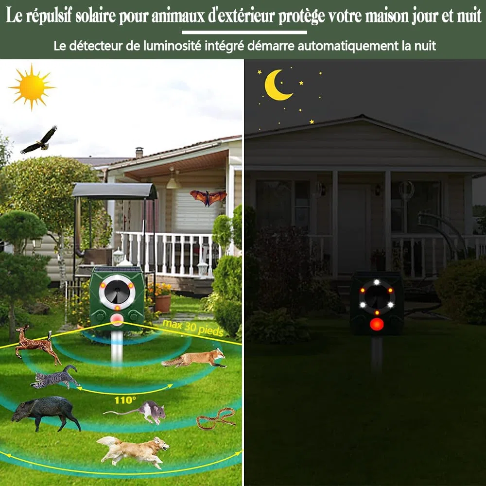 Solaire Ultrason Souris et Rats, Étanche Repulsif Souris et Rats Ultrason Puissant, Piège à Souris avec Lumière LED Contre Les Chats, Chiens et Divers Nuisibles Convient aux Jardins et Aux Cour