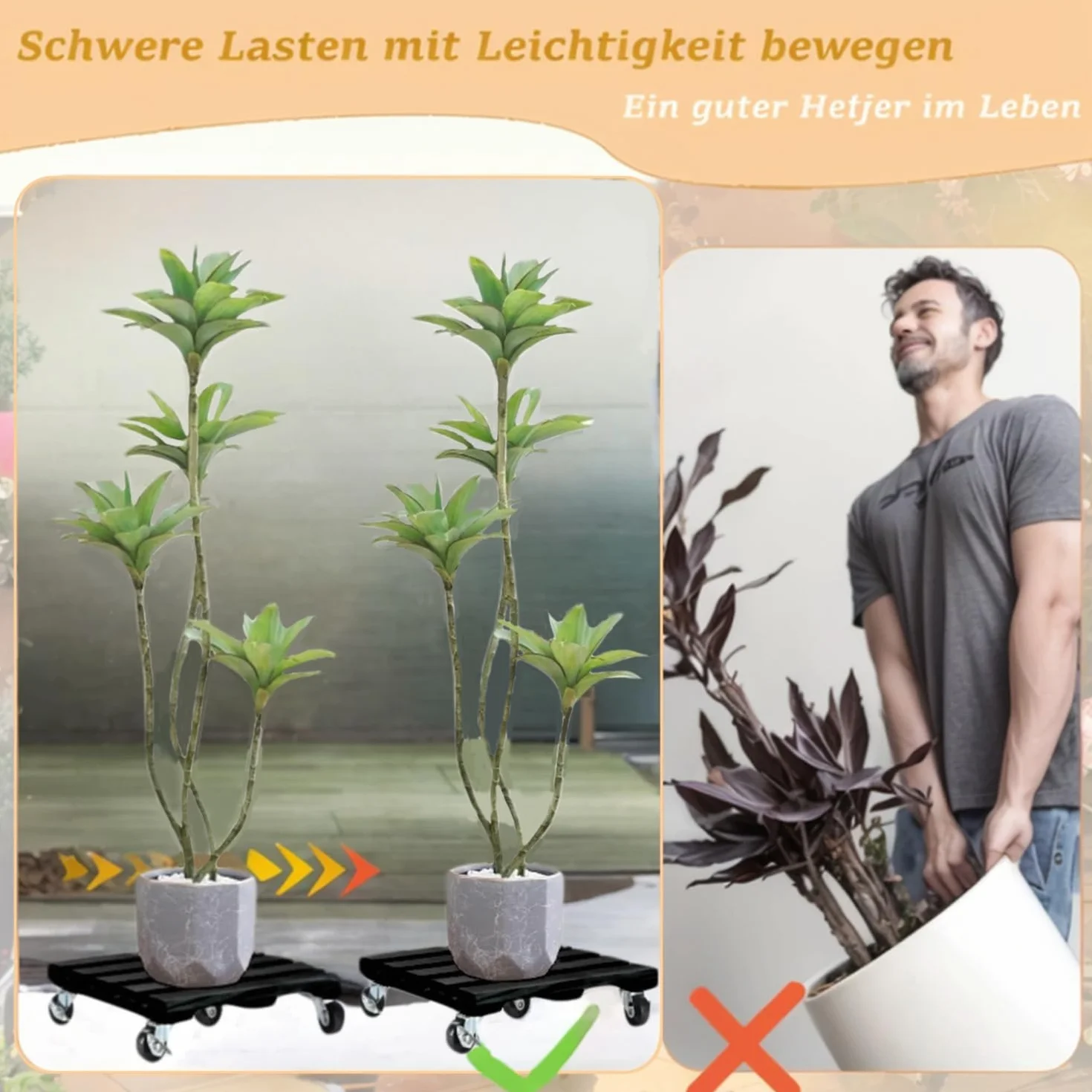 Lot de 2 roulettes pour plantes, pot de fleurs, soucoupe avec roues verrouillables 360°, planche à roulettes robuste en bois, résistant aux intempéries