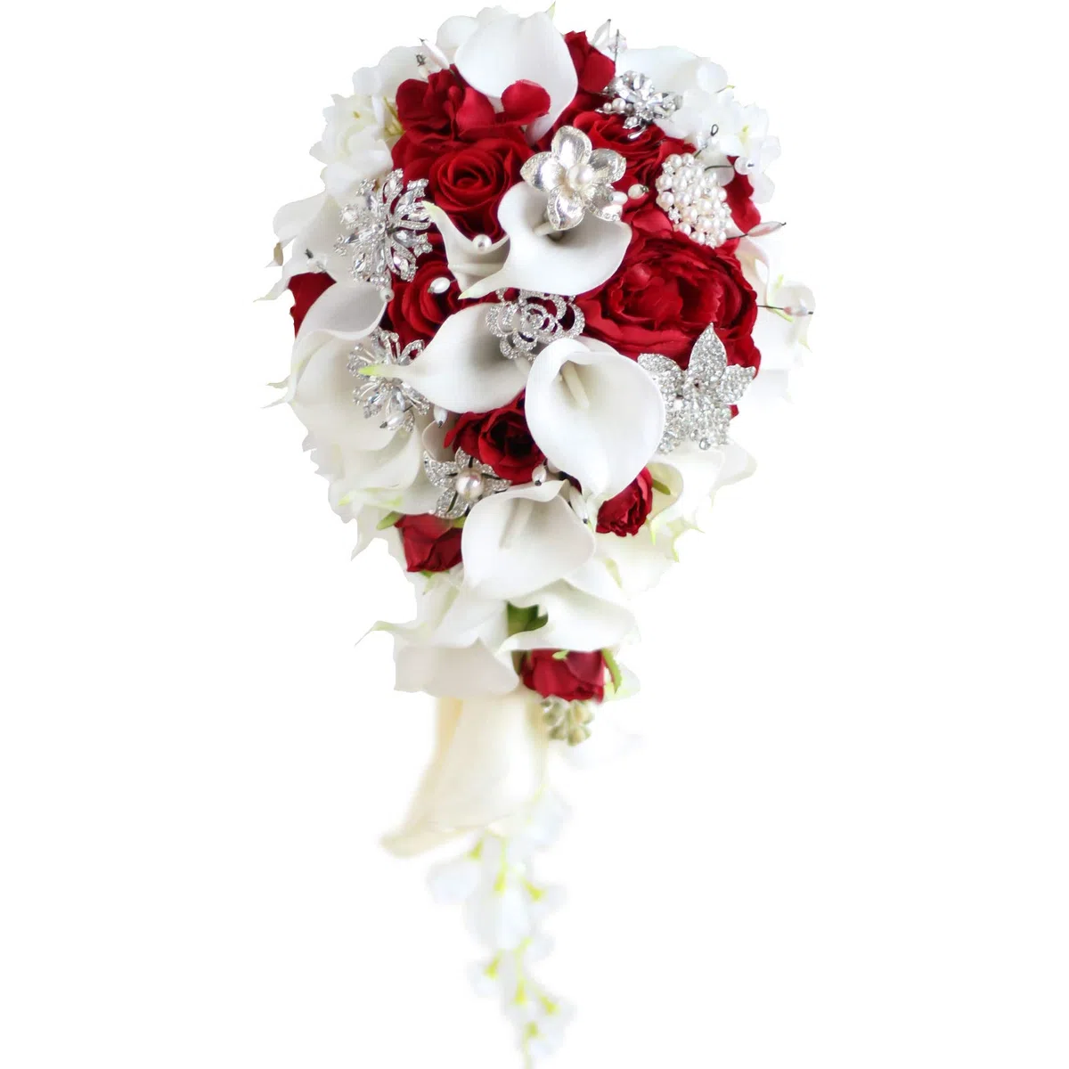 YIFUwedding IFFO Bouquets de mariée avec Fleurs de lys Calla artificielles, Diamants et Perles Roses, décoration de fête de Mariage (Rouge)