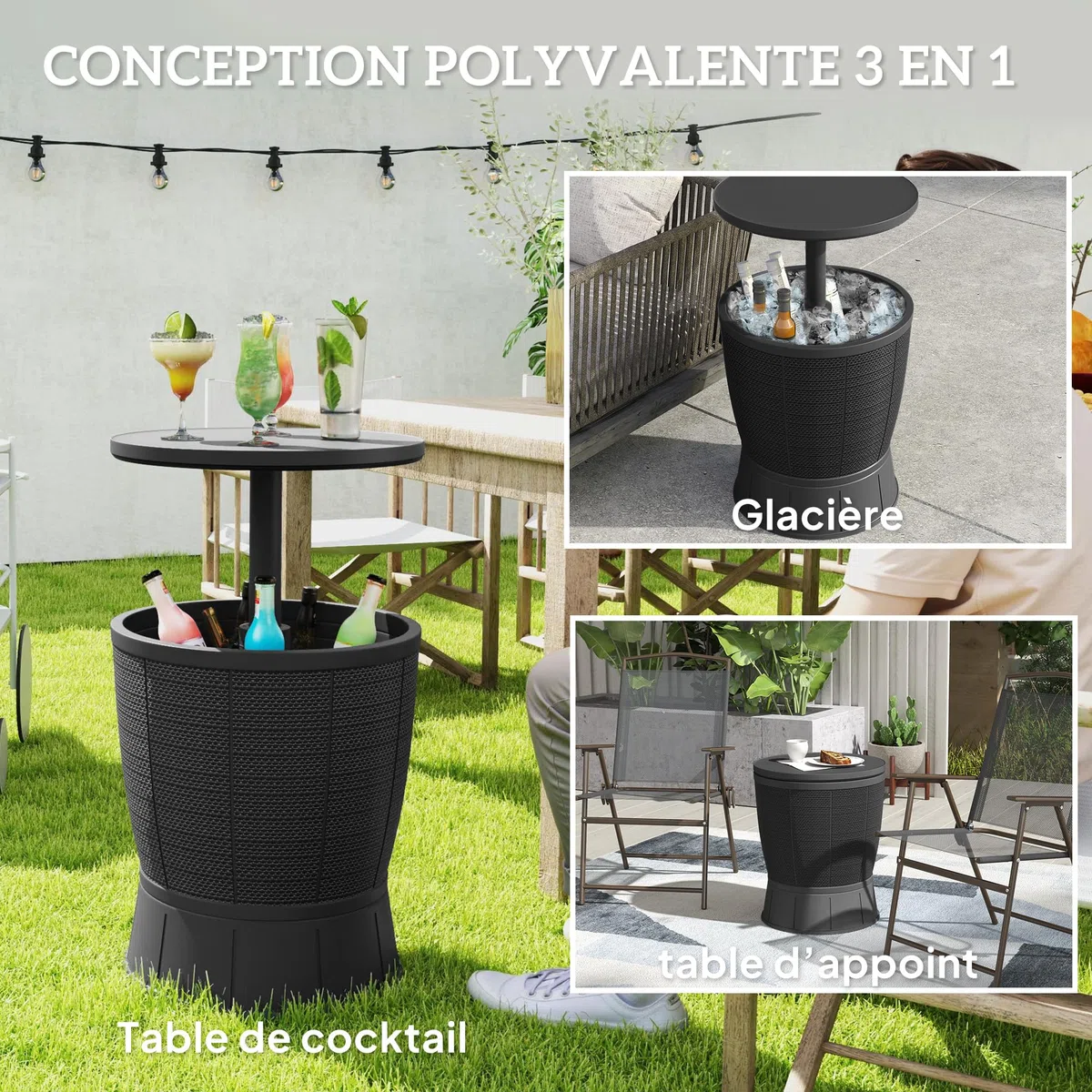 Outsunny Table à glacière 3 en 1, Table de Cocktail avec Seau à Glace, Plateau télescopique, pour bière, vin, Cocktails, Jardin, Ø 49 x 58-84 cm, Noir