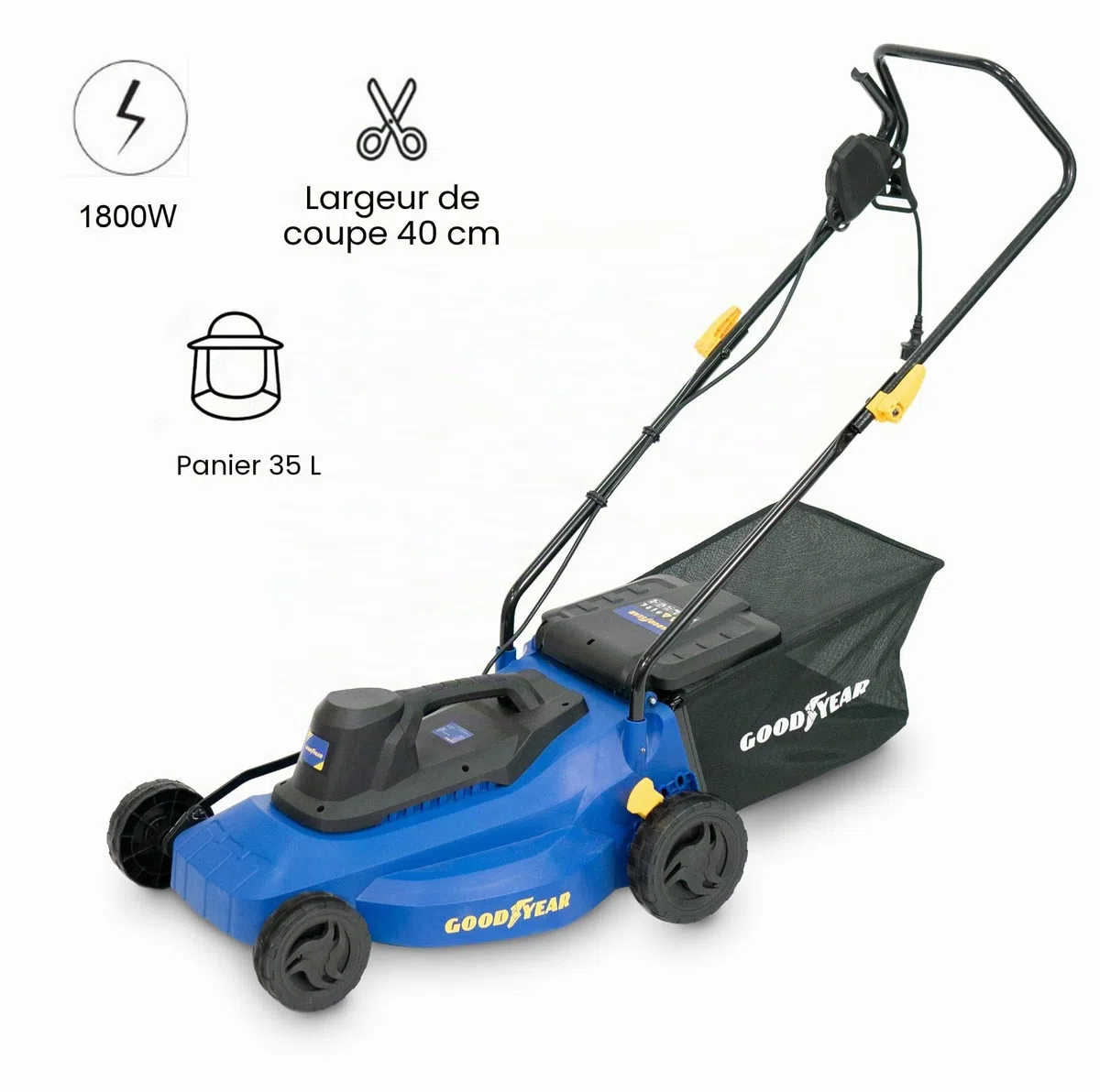 Goodyear - Tondeuse à Gazon Électrique 1800W, Largeur de Coupe 40cm, Moteur 3200 TR/Min, Tondeuse Électrique Filaire pour Jardin jusqu'à 300m², Hauteur Réglable & Bac de Ramassage 35L