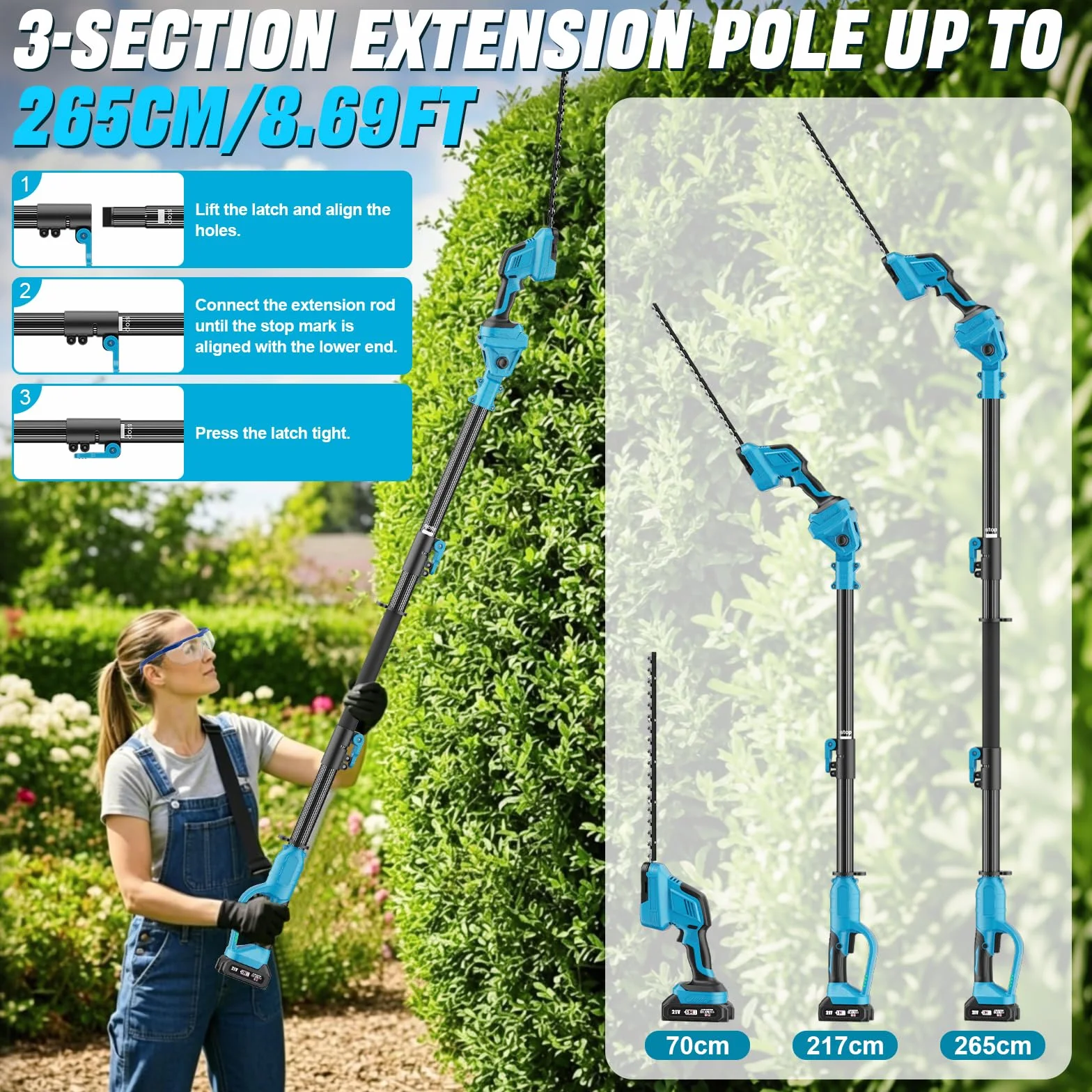 Taille Haie Telescopique Batterie sans Fil avec Perche 2 en 1, Élagueuse sur Perche avec Moteur de 550 W 2 Batteries Taille Haies Électrique, Angle Réglable, Idéal Jardin Verger Taille Haie