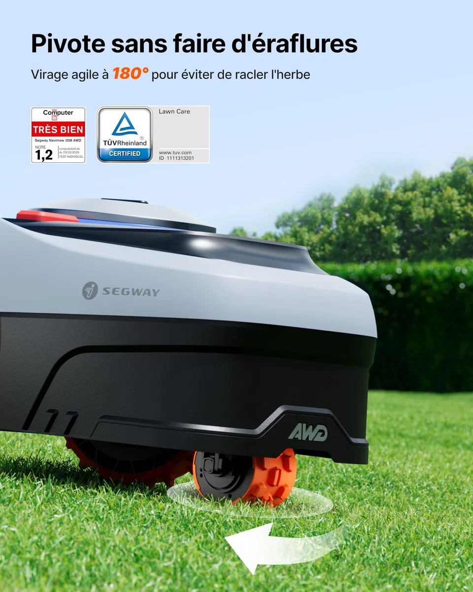 Segway Navimow i208 AWD Robot tondeuse et Garage S, Trois roues motrices, monte les pentes jusqu'à 45%, EFLS NRTK + Vision, Cartographie automatique, sans antenne, jardin de 800 m²(expédié séparément)