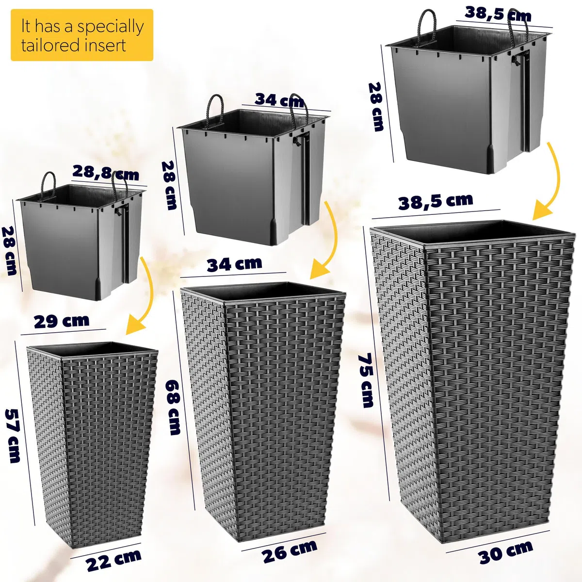 KADAX Lot de 3 Set de 3 Pots de Fleurs Hauts – H 57/68/75 cm – Rotin Graphite – intérieur/extérieur – pour Balcon, Jardin ou Salon