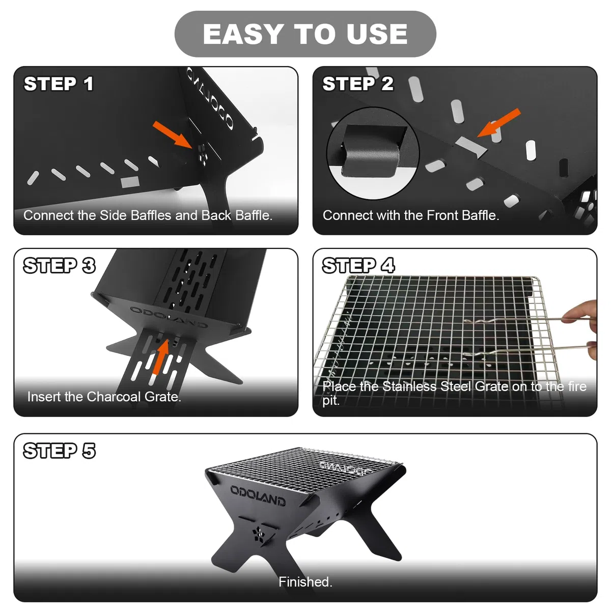 Odoland Camping Fire Pit, Portable Brasero Extérieur pour Camping, Barbecue à Foyer en Bois 2 en 1 avec Grille de Cuisson Amovible pour Barbecue en Plein Air, avec Sac de Transport