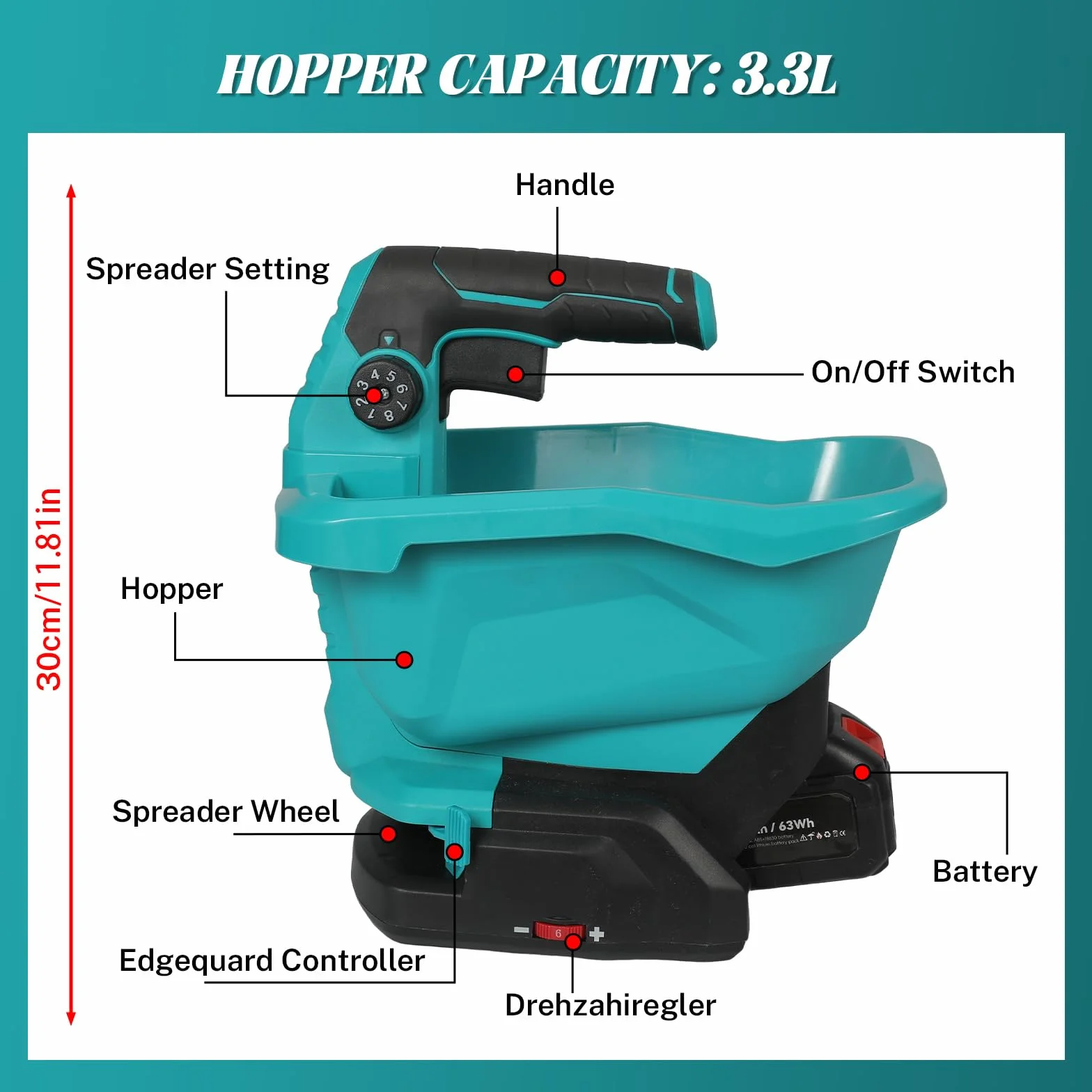 Épandeur d'engrais sans fil pour batterie Makita 18 V, épandeur universel sans fil 3,3 l avec réglage de la vitesse de rotation à 6 niveaux, réglage de la quantité d'épandage à 8 niveaux, angle de