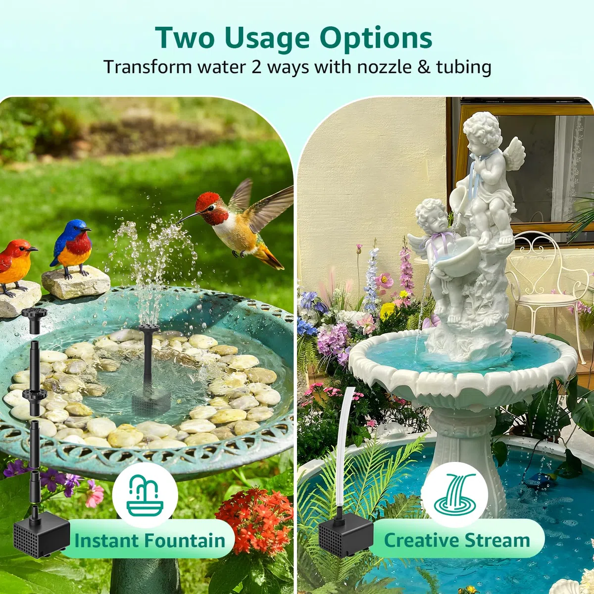 Pompe à Fontaine Solaire avec Batterie, 8.5W Pompe Solaire 3200mAh Intégrée, Buses Double Couche 7+ Modes & Tuyau PVC 1.5m, Fontaine Bassin pour Bac à Oiseaux Jardin